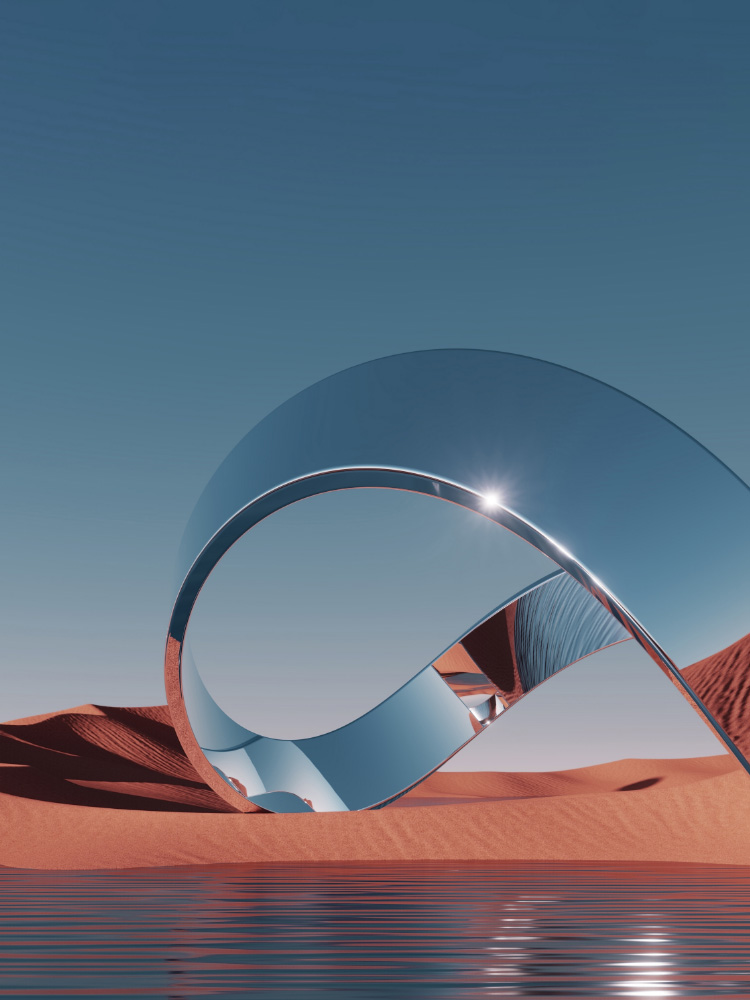 There is a desert and an oasis within a rectangular grid. Above the desert are ring-shaped and circle-shaped mirror sculptures. 