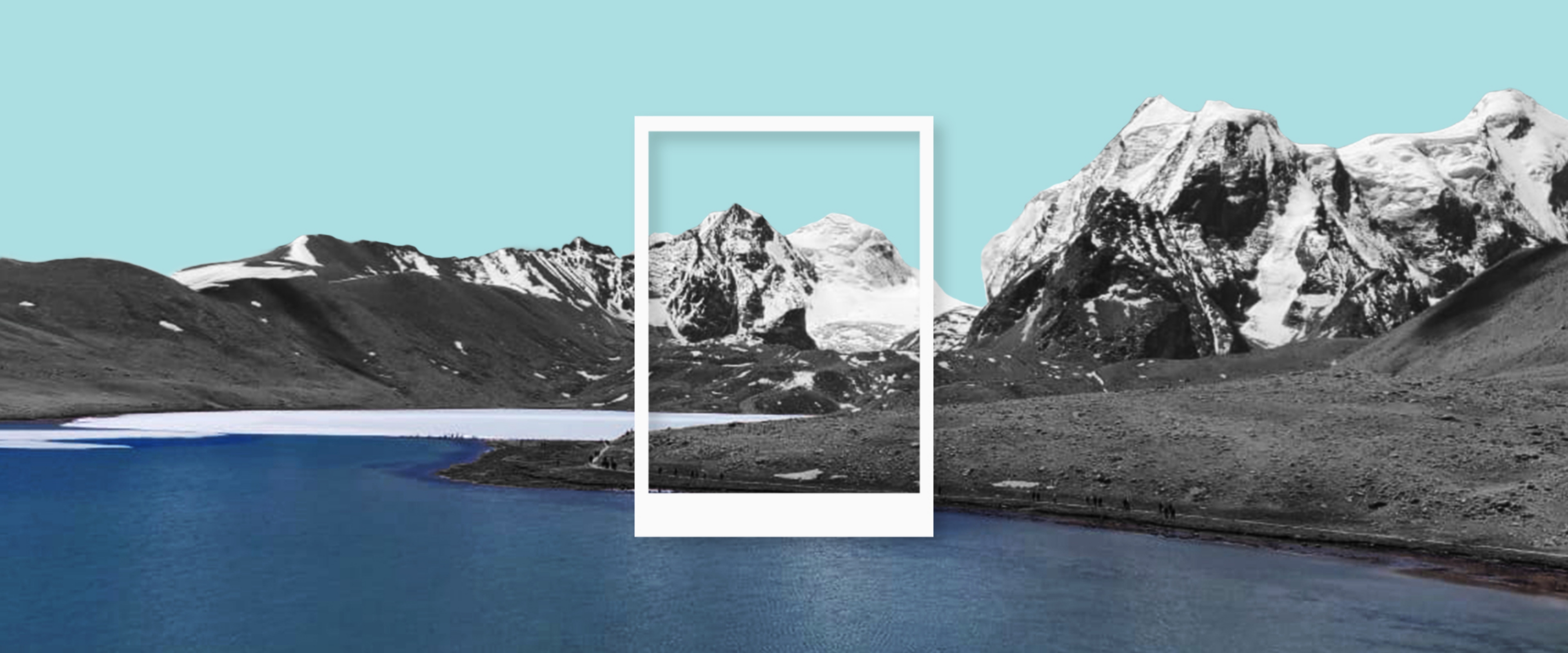 A Polaroid photo frame is centered on an image of Gurudongmar Lake in Sikkim, India.