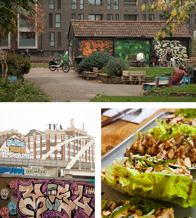 On the left, a vibrant urban scene blends graffiti with architecture, while on the right, fresh and flavorful dishes add a touch of liveliness.