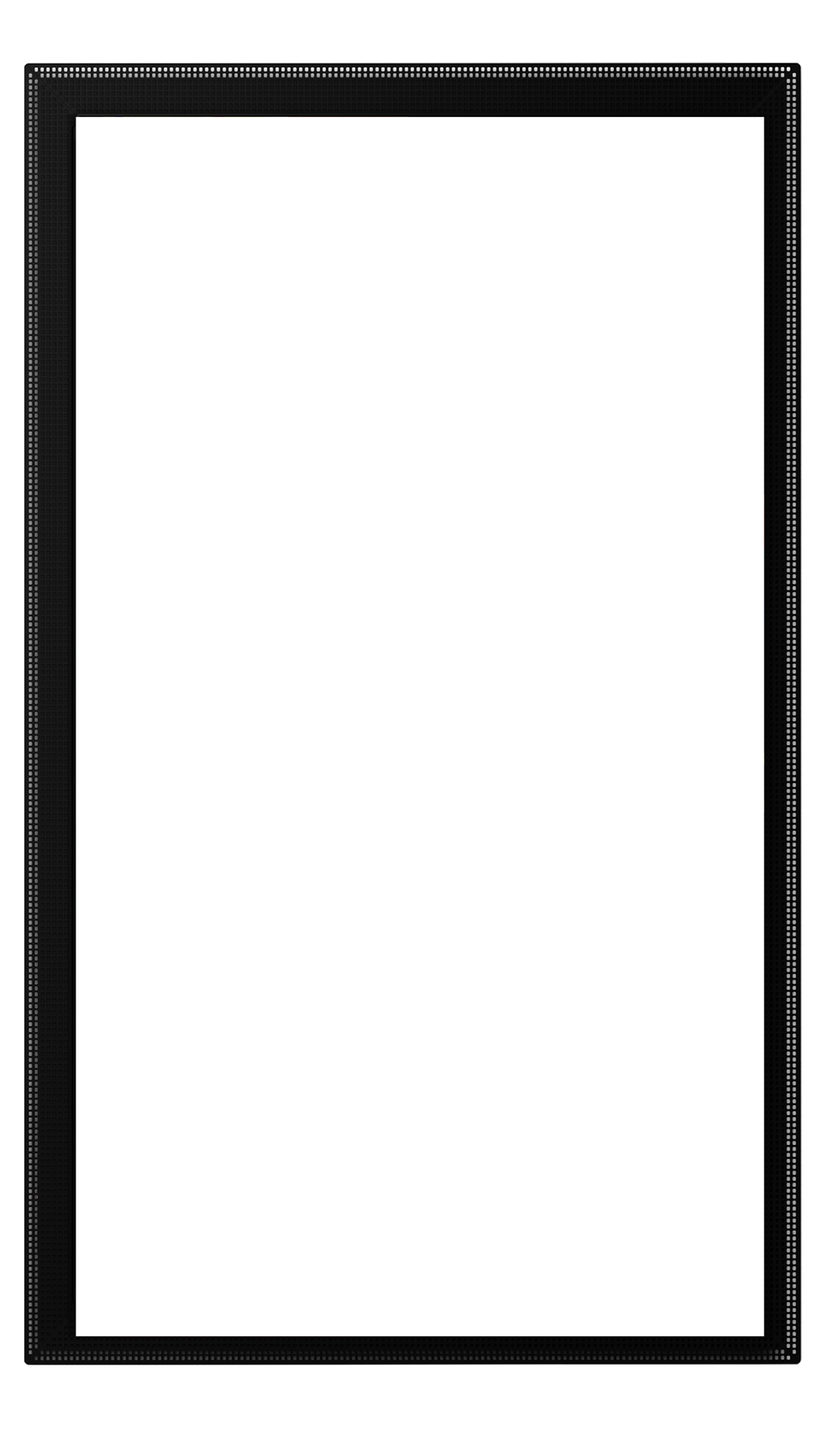 Inside a black frame with repeating small square openings, overlapping rectangular screens suggest the S95H OLED TV, a thin flat-screen TV. Dense clusters of small yellow, green, red, and blue dots and circles represent records of everyday family life.