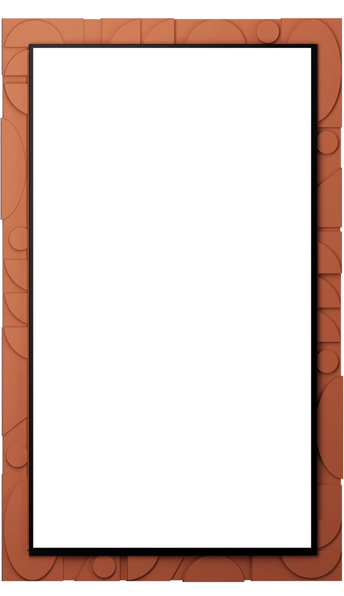 Inside a rust-brown frame patterned with repeating semicircles and circles, three white layered structures suggest The Serif, a slim flat-screen TV. Orange, pink, and pale purple semicircular pieces at the center and soft curves in the background represent time and memories building in layers.