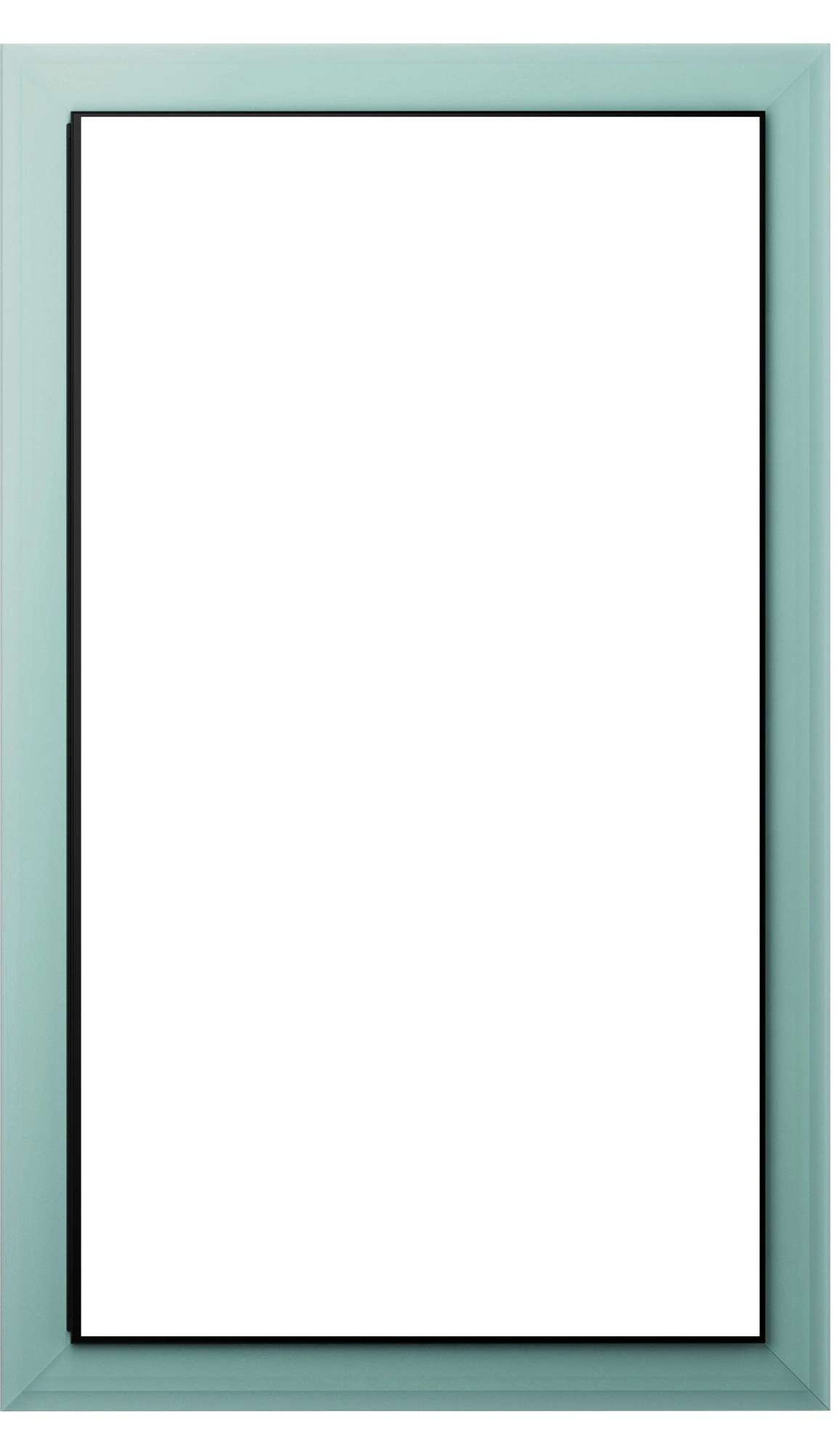 Inside a translucent mint-colored glass frame, The Frame Pro, a thin horizontal screen, sits at the center of a tall spring landscape. A forest path and cherry blossoms appear on the screen, while two people holding hands walk below among softly drifting petals.