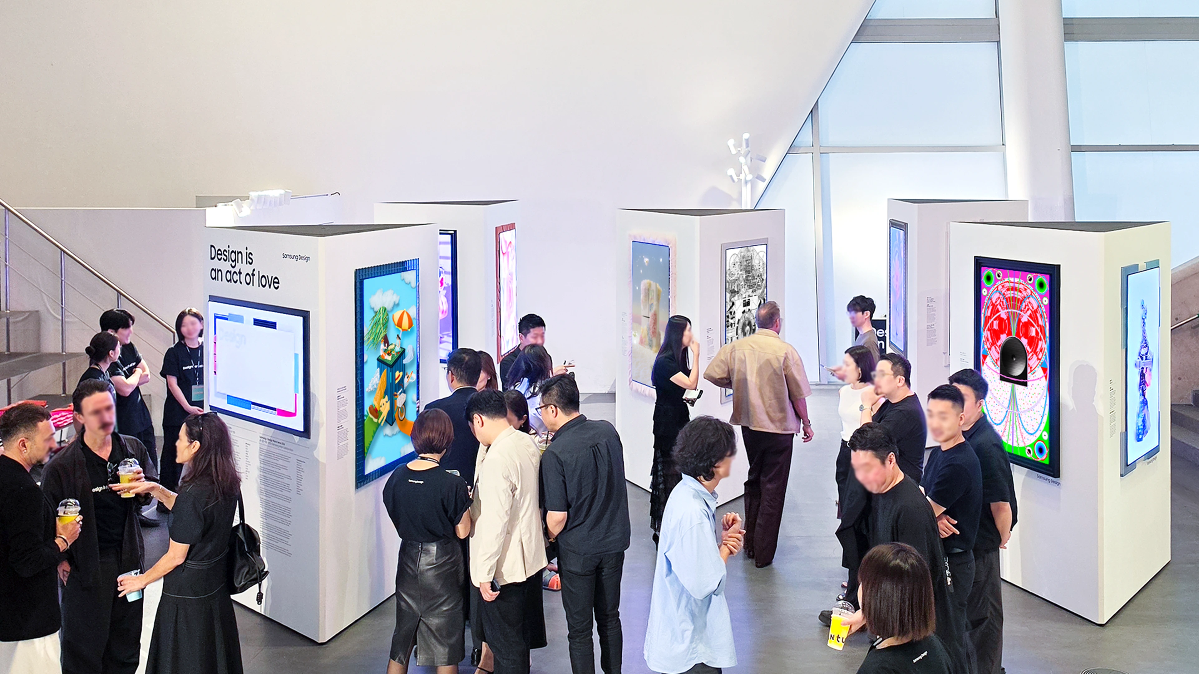 Visitors viewing digital artworks at Samsung Design’s “Design is an act of love” exhibition at DDP Seoul.