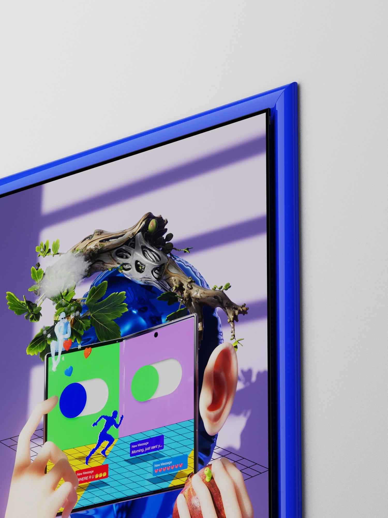 Inside a glossy bright blue frame is the Galaxy Z Fold8, a foldable smartphone that opens like a book. A blue balloon, a steaming teapot-shaped ornament, hands pressing the screen and holding an apple, and a teapot and chessboard below humorously depict technology and communication.