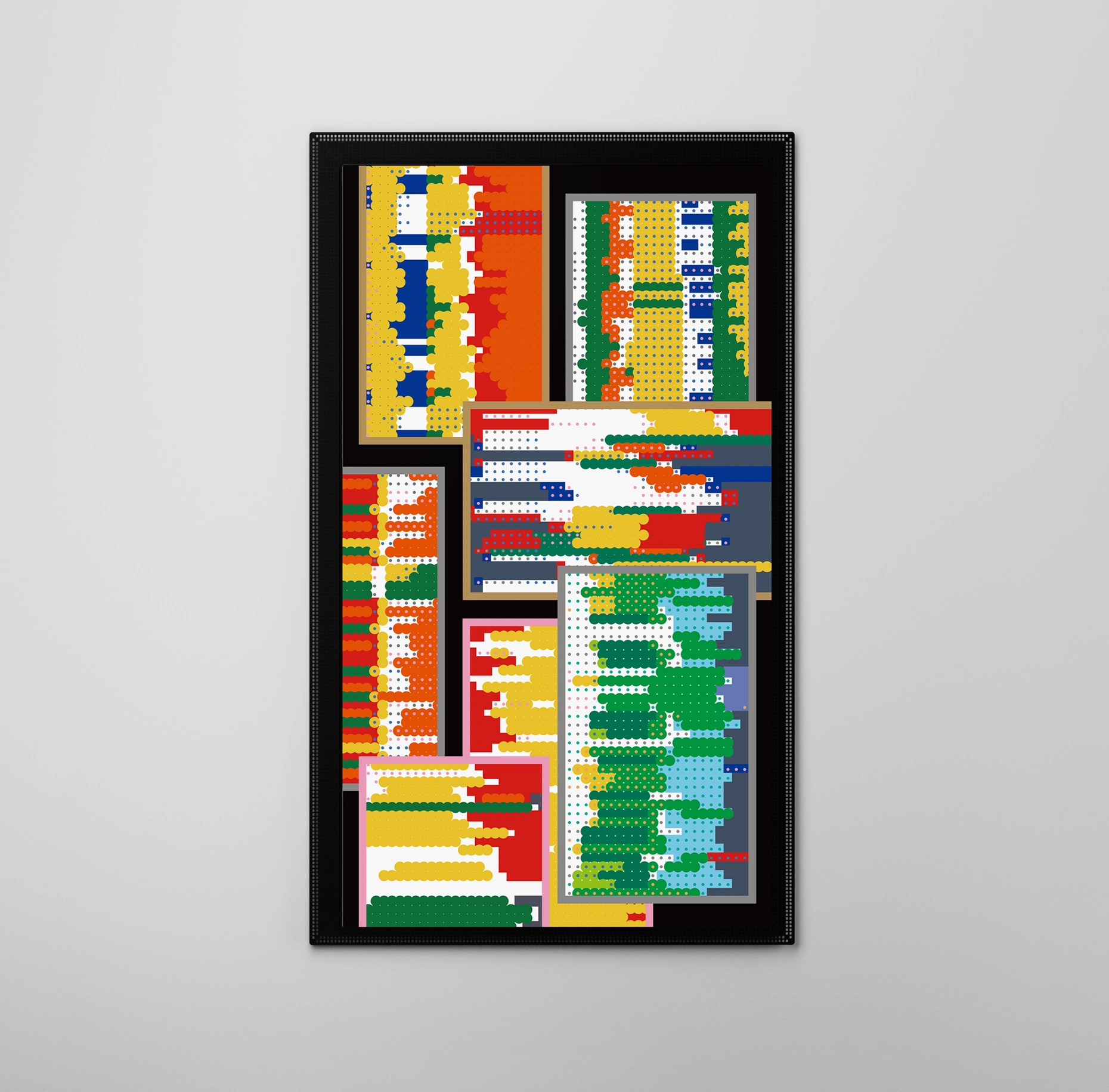 Inside a black frame with repeating small square openings, overlapping rectangular screens suggest the S95H OLED TV, a thin flat-screen TV. Dense clusters of small yellow, green, red, and blue dots and circles represent records of everyday family life.