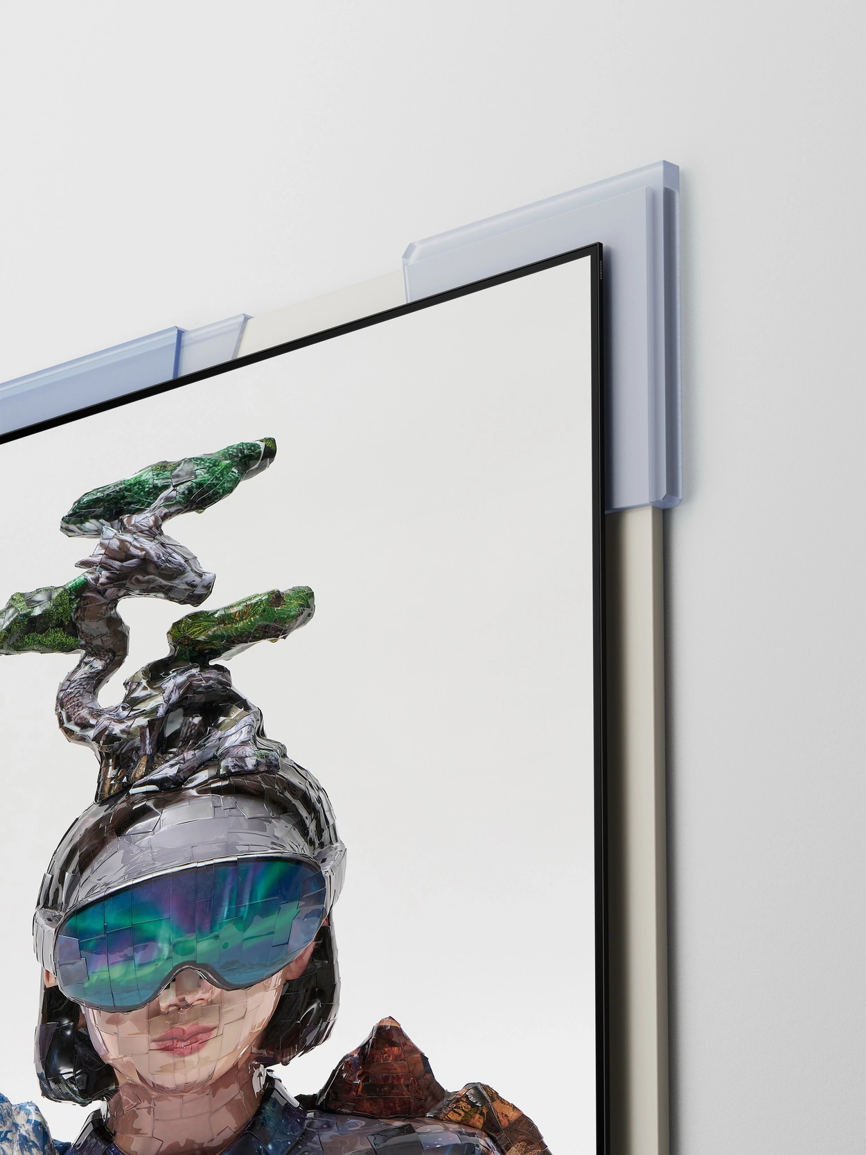 Inside a frame made of light blue and ivory blocks, a figure wears the Galaxy XR headset, with a wide lens covering the eyes and nose. A silver dragon covered with moss and rocks rises above the figure’s head, while starry clothing and mountains represent nature, space, and technology together.