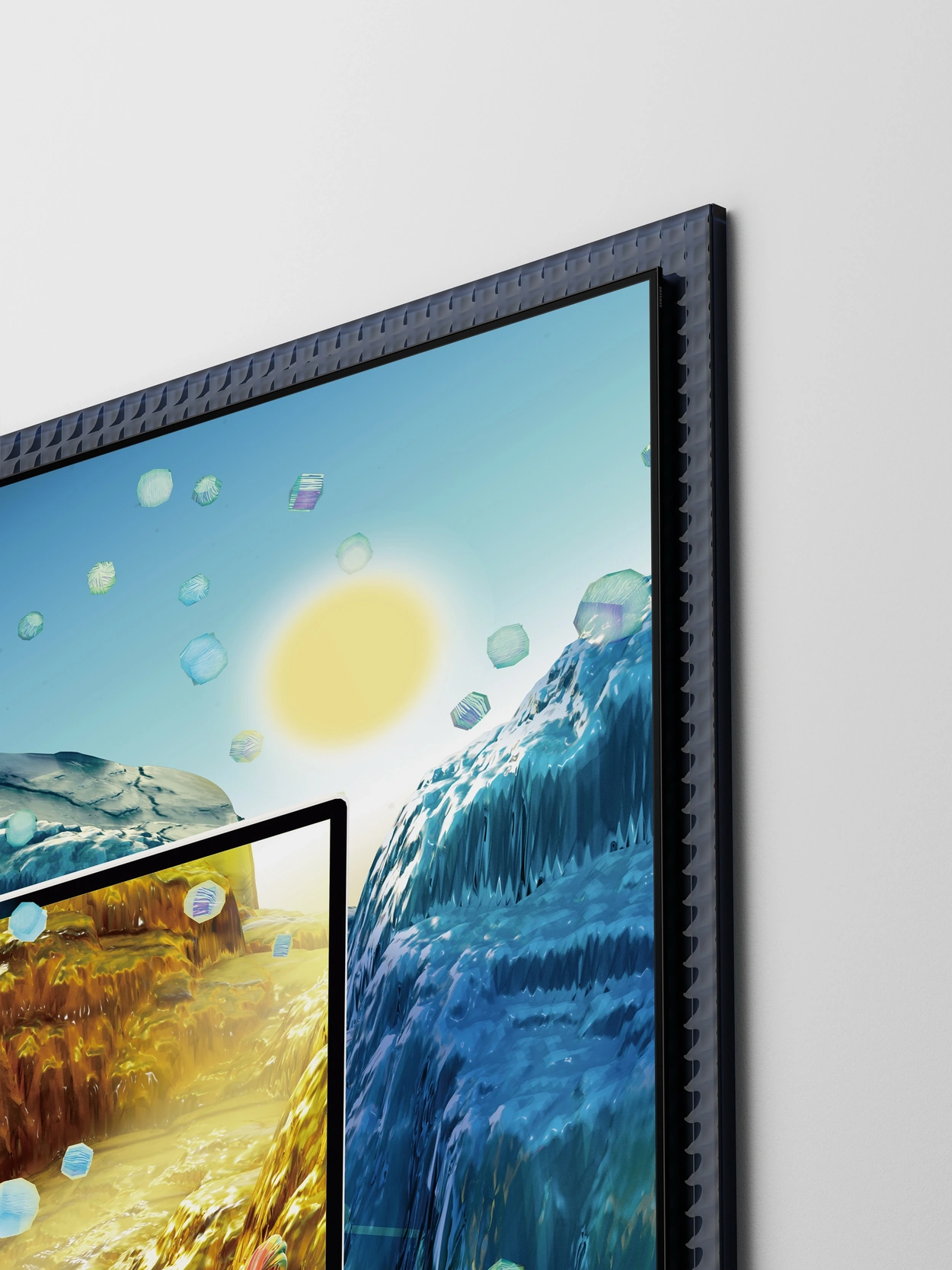 Inside a dark blue frame made of repeating small square glass tiles stands The Movingstyle, a slim vertical screen that can be moved using its handle. A pine tree grows among the screen’s golden canyon and blue mountains, expressing hope and new beginnings.