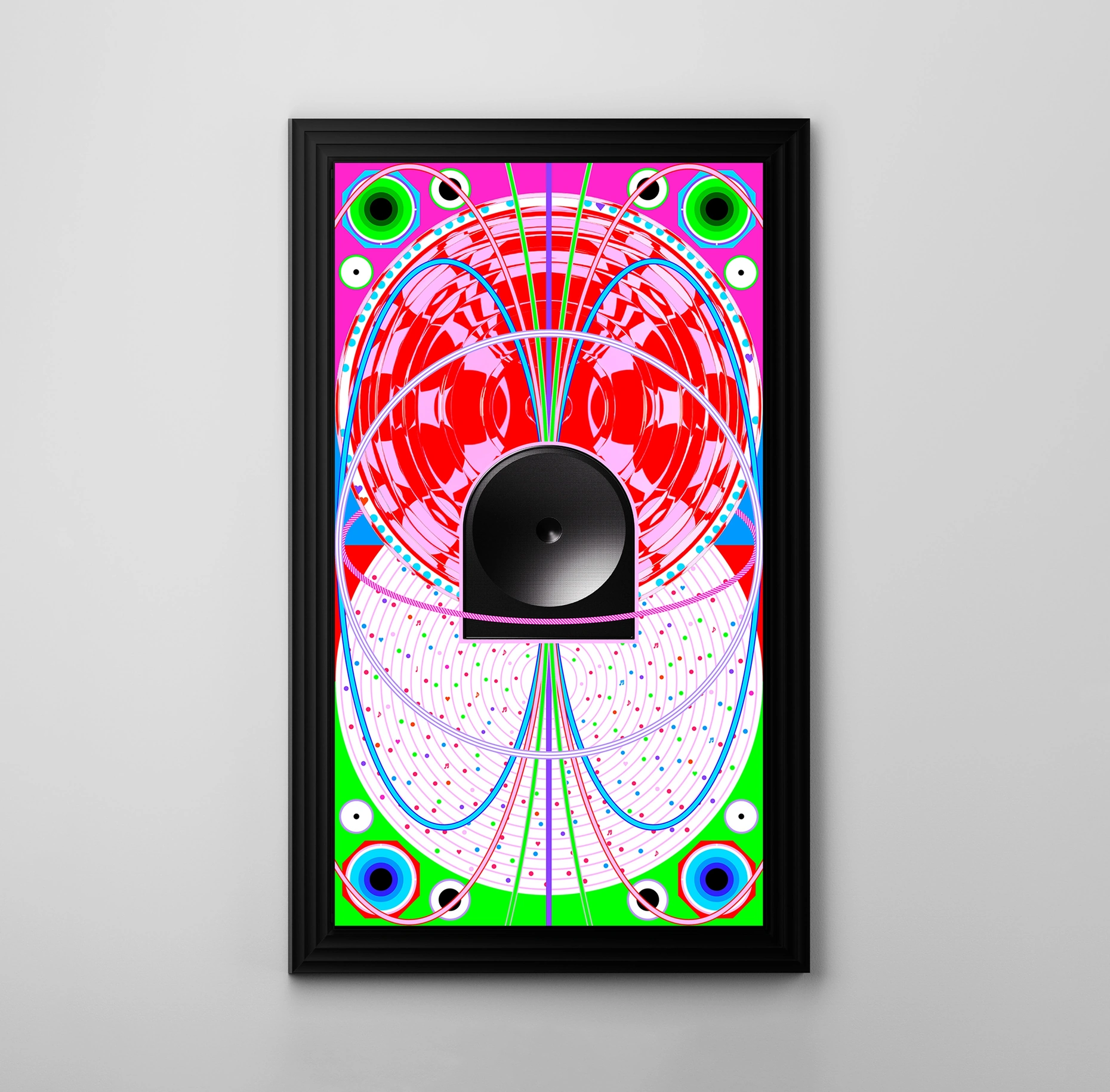 Inside a black frame that steps inward in several layers, a black Music Studio 5 speaker with a round visible speaker grille sits at the center. Concentric circles, wave-like lines, dots, and musical notes spread across neon pink and green, depicting sound connecting people.