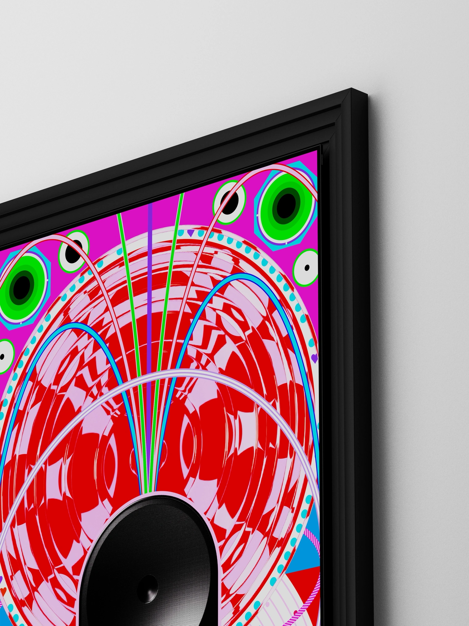 Inside a black frame that steps inward in several layers, a black Music Studio 5 speaker with a round visible speaker grille sits at the center. Concentric circles, wave-like lines, dots, and musical notes spread across neon pink and green, depicting sound connecting people.