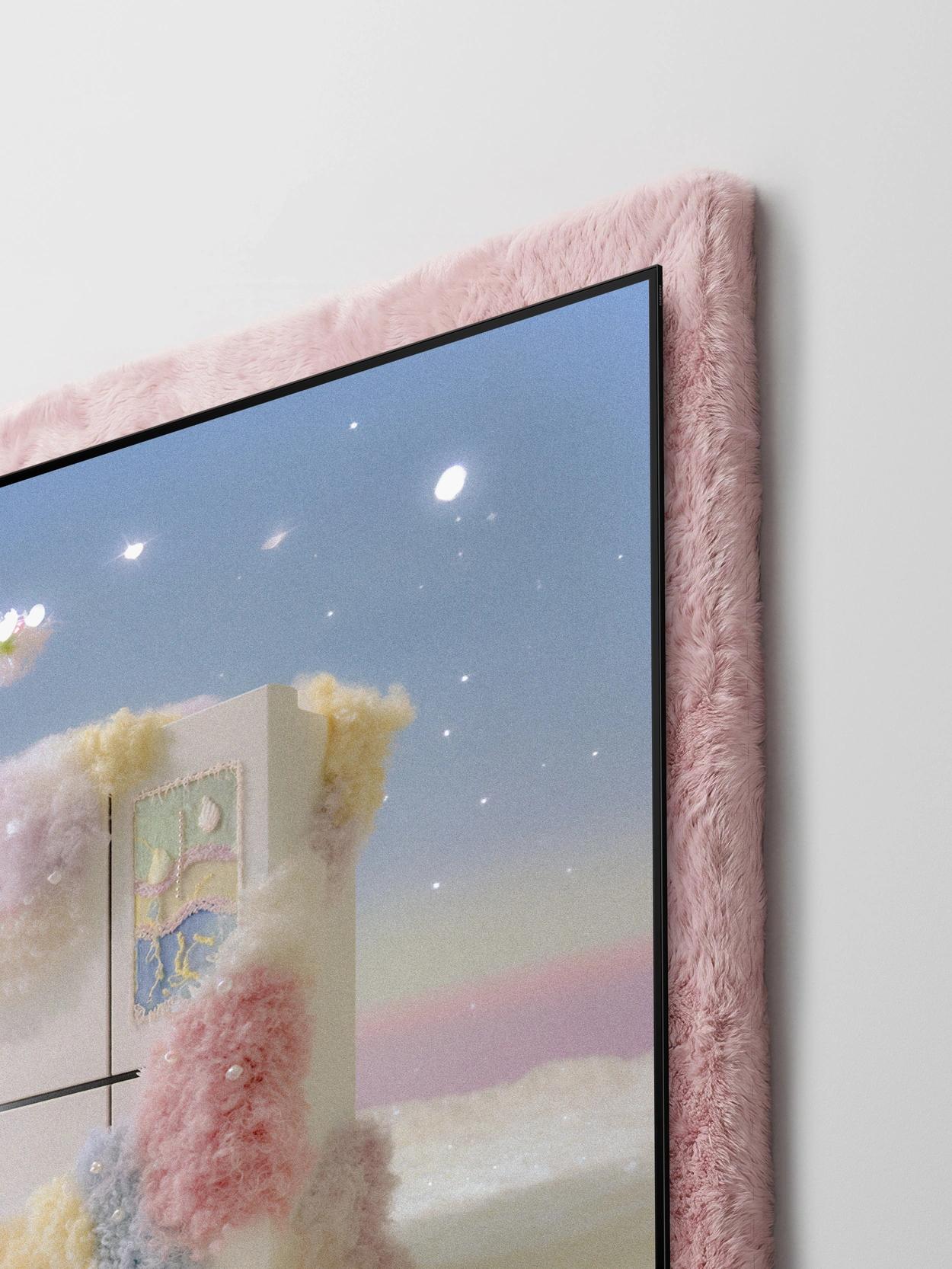 Inside a frame covered in long pale pink fur stands an ivory Bespoke AI Family Hub refrigerator with several doors and a vertical screen. Fluffy pink, yellow, and light blue flowers surround it, while snow, small flowers, and a glowing sky create a warm late-winter scene.