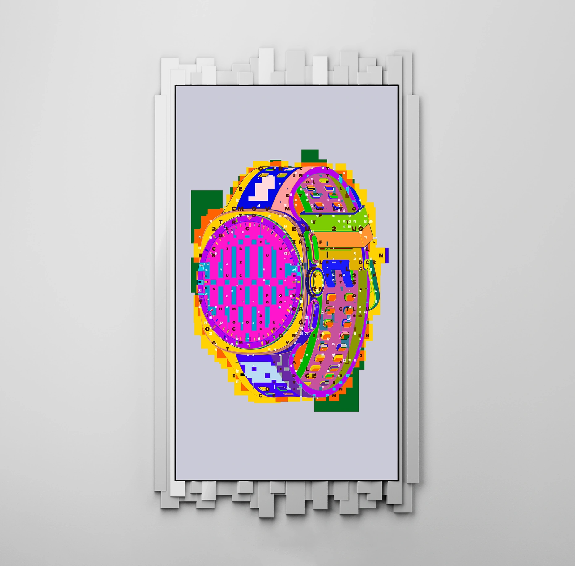 Inside a frame surrounded by white columns of different heights, the Galaxy Watch9 and Galaxy Watch Ultra2—digital watches worn on the wrist—overlap. A pink round watch face, colorful bands, small letters, and geometric shapes vividly represent records of health and everyday life.