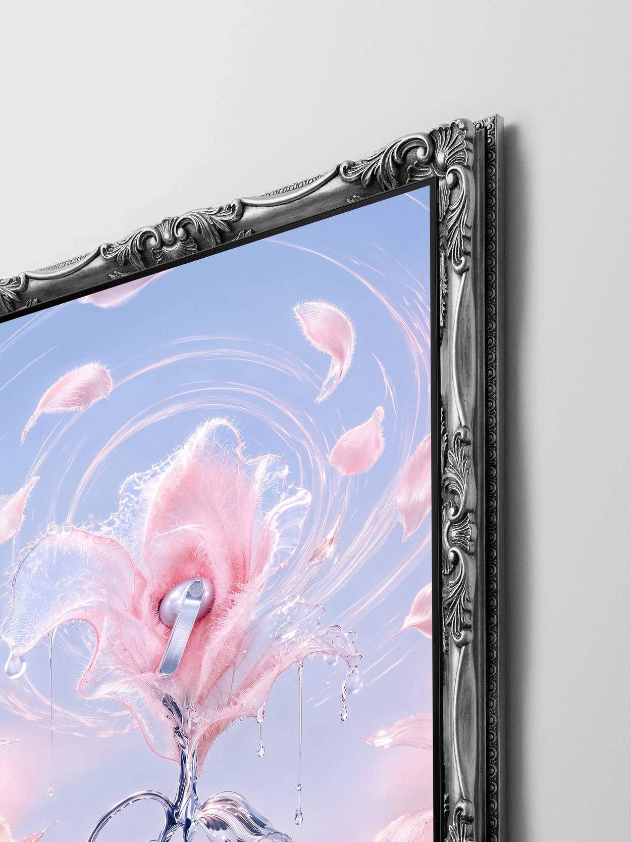 Inside a vintage silver frame carved with vines and leaves, the Galaxy Buds4 Pro sits at the center of a pale pink flower shaped like an ear. Petals, water drops, and curved lines resembling sound waves spread around the silver wireless earbud, which has a rounded body and a short stem. 