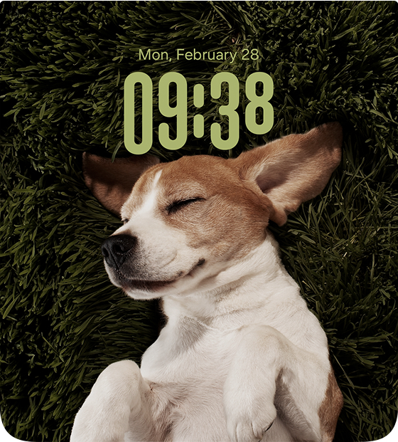 A combination of Galaxy Z Flip7 and Z Fold7 watch face screens. From left to right: a long-haired blonde woman, a short-haired woman, a dog lying on grass with its eyes closed, a girl holding a poodle, and a man against a high-contrast black background—each used as a watch face background.