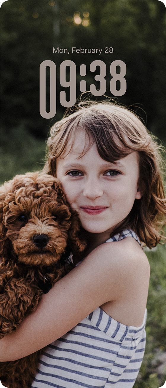 A combination of Galaxy Z Flip7 and Z Fold7 watch face screens. From left to right: a long-haired blonde woman, a short-haired woman, a dog lying on grass with its eyes closed, a girl holding a poodle, and a man against a high-contrast black background—each used as a watch face background.