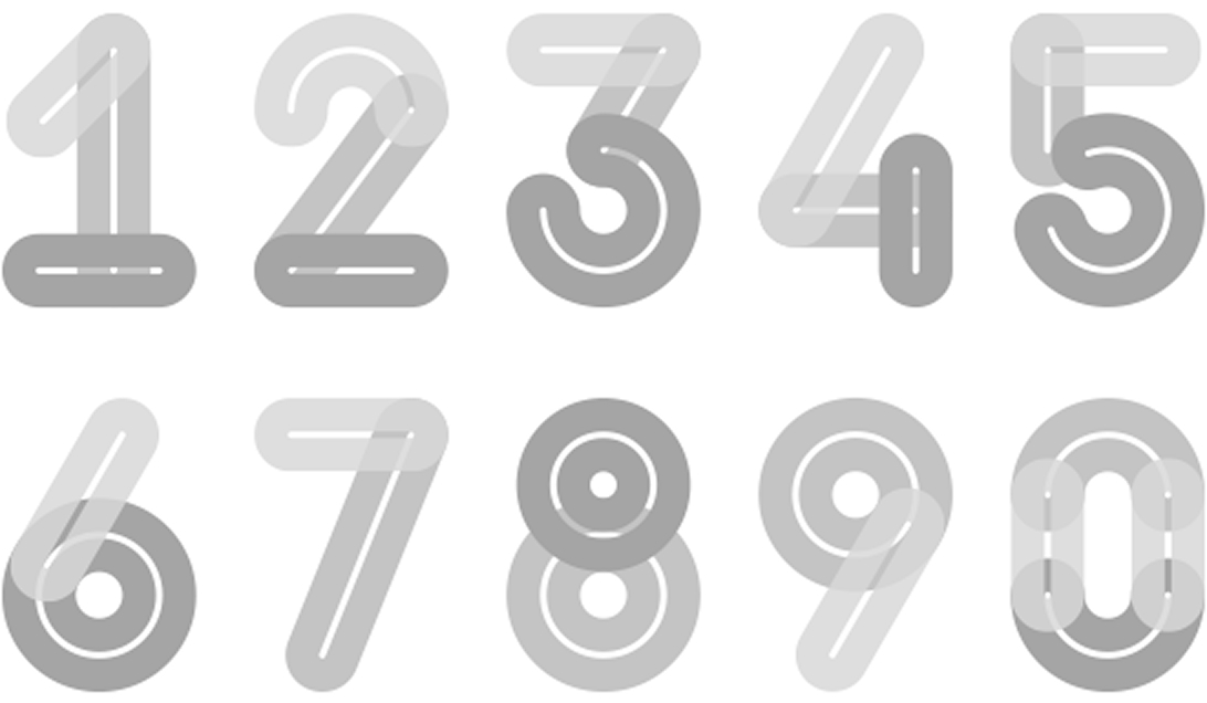 An image showing gray numbers from 1 to 9 followed by 0, from left to right, gradually transforming into colorful line graphics through animated motion.
