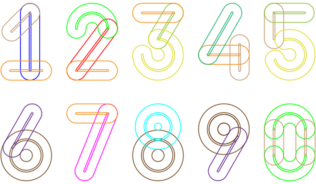 An image showing gray numbers from 1 to 9 followed by 0, from left to right, gradually transforming into colorful line graphics through animated motion.