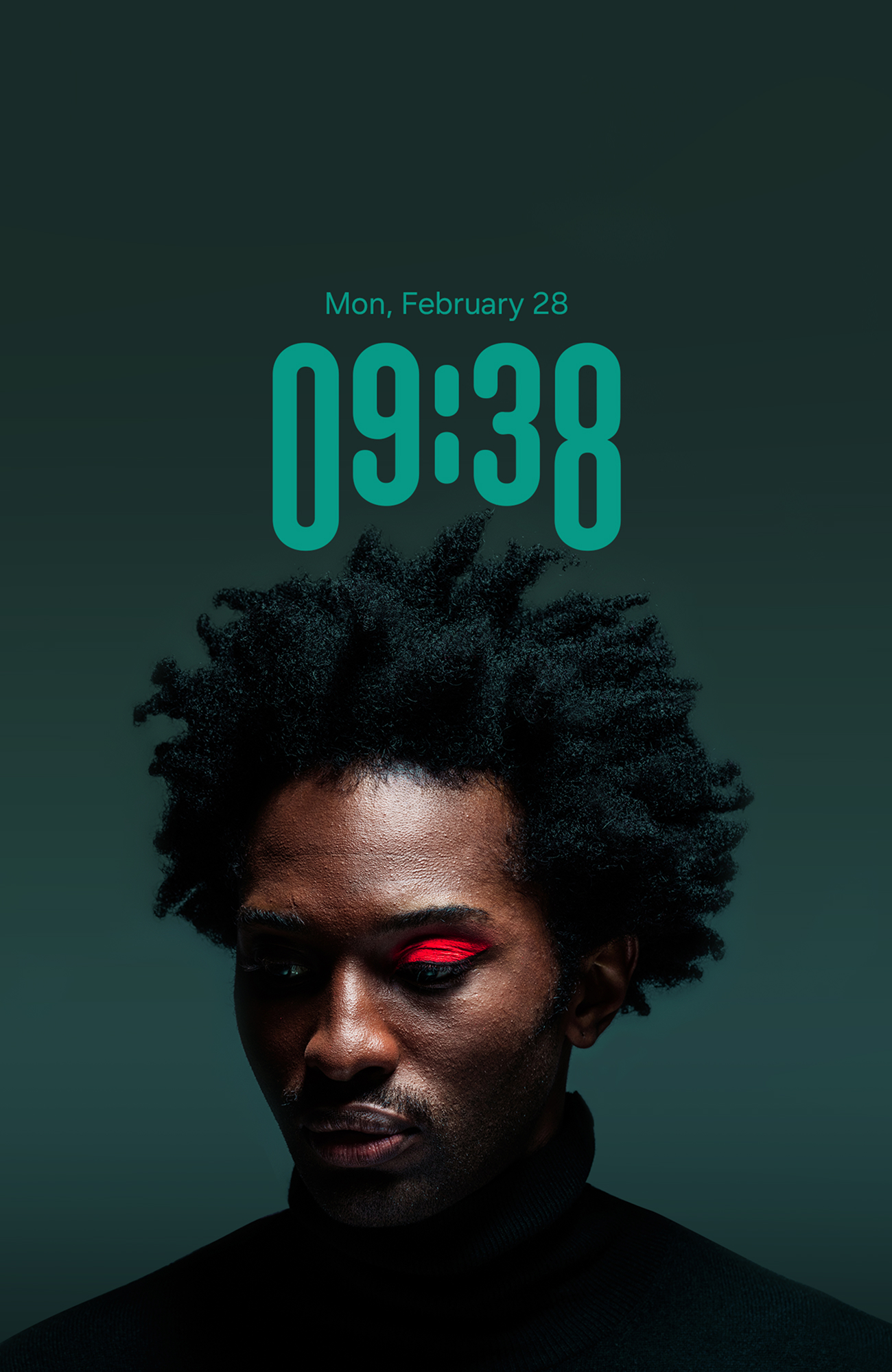 A watch face image featuring a Black man in a turtleneck, gazing toward the lower left against a deep teal background. His right eyelid is highlighted with a bold red eyeshadow.