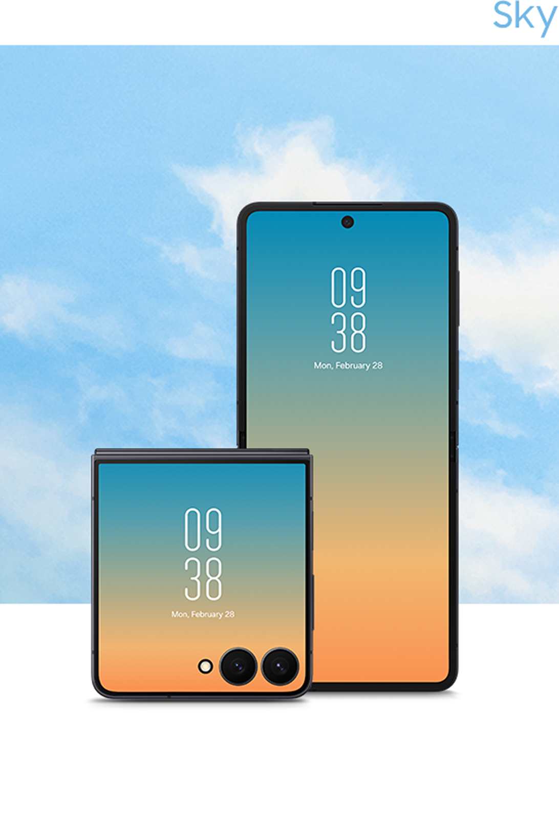 The watch faces of Galaxy Z Flip7 and Z Fold7 display a sky-blue gradient wallpaper, layered over a background image of a real sky with clouds. The word “Sky” appears at the bottom.