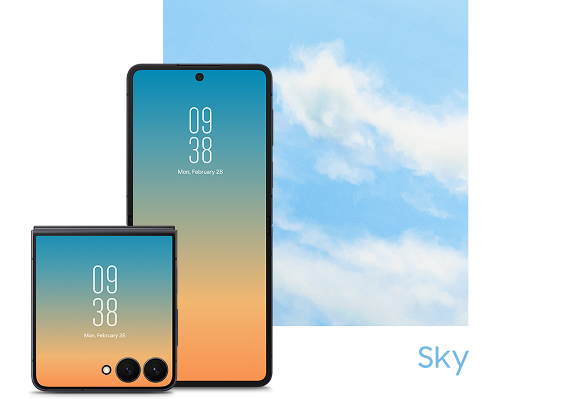 The watch faces of Galaxy Z Flip7 and Z Fold7 display a sky-blue gradient wallpaper, layered over a background image of a real sky with clouds. The word “Sky” appears at the bottom.