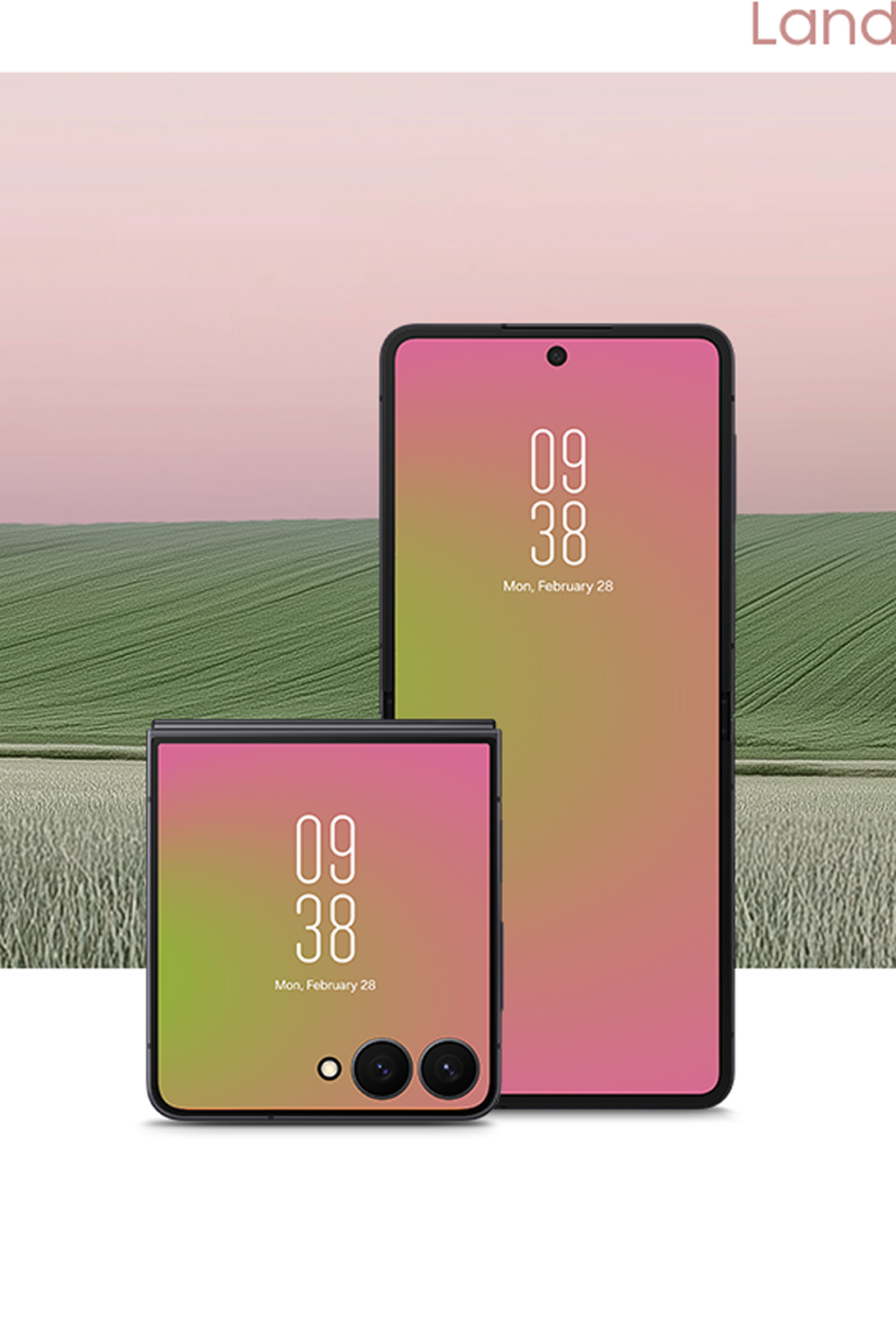 The watch faces of Galaxy Z Flip7 and Z Fold7 display a red gradient wallpaper, overlaid on a background image of a sunset sky above a grassy field. The word “Land” appears at the bottom.