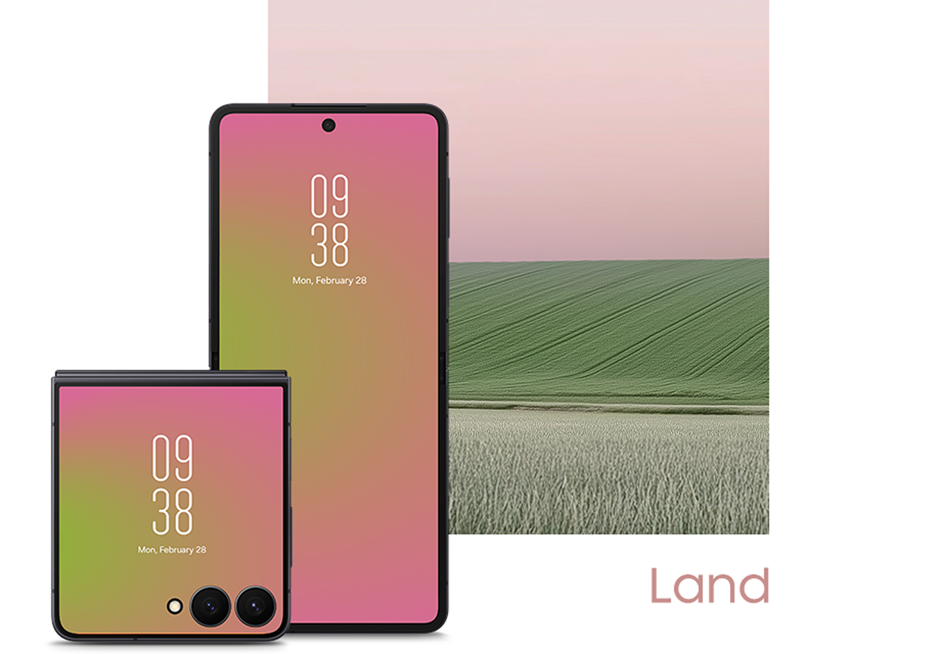 The watch faces of Galaxy Z Flip7 and Z Fold7 display a red gradient wallpaper, overlaid on a background image of a sunset sky above a grassy field. The word “Land” appears at the bottom.