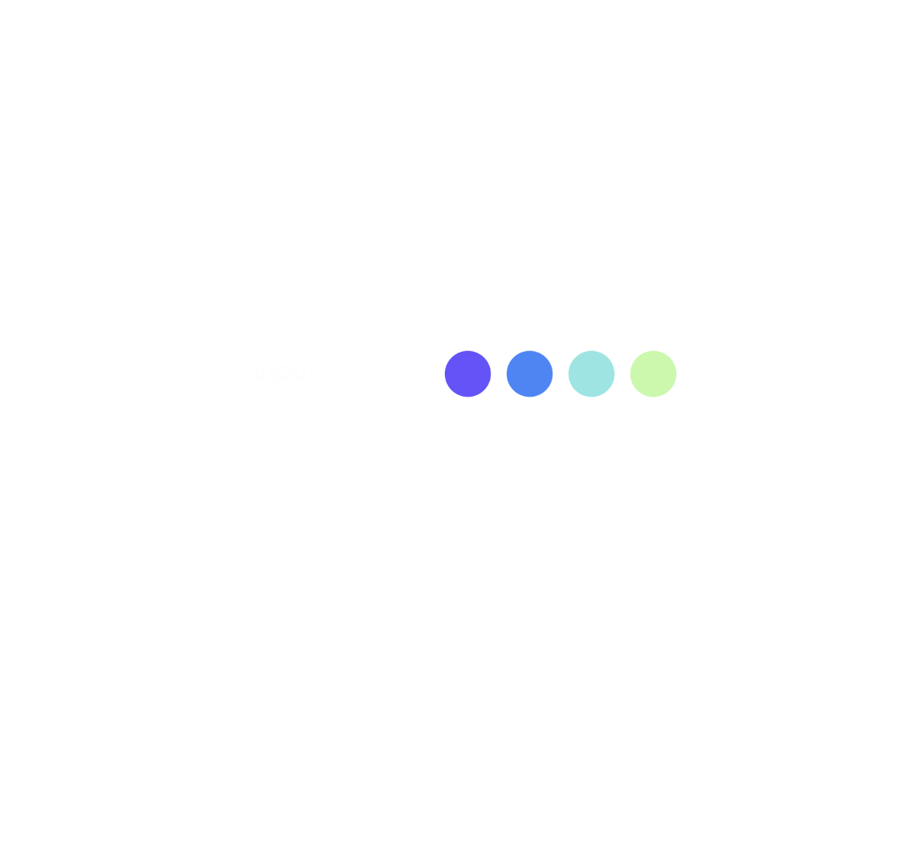 Each stage presents a distinct color palette. The 'Result' stage features shades of blue, sky blue, and a greenish hue blending sky blue and yellow. In the 'Input' stage, a deep blue shade is added to the 'Result' palette. The 'Processing' stage further expands the palette by introducing deep orange and yellow. Finally, the 'Entry' s the same l palette seen in the 'Result' stage.