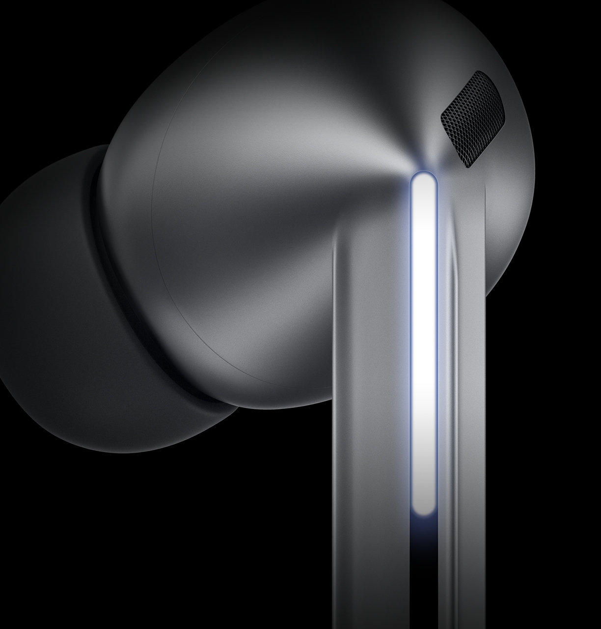 A zoomed-in view of the illuminated blade of the Galaxy Buds3 Pro.