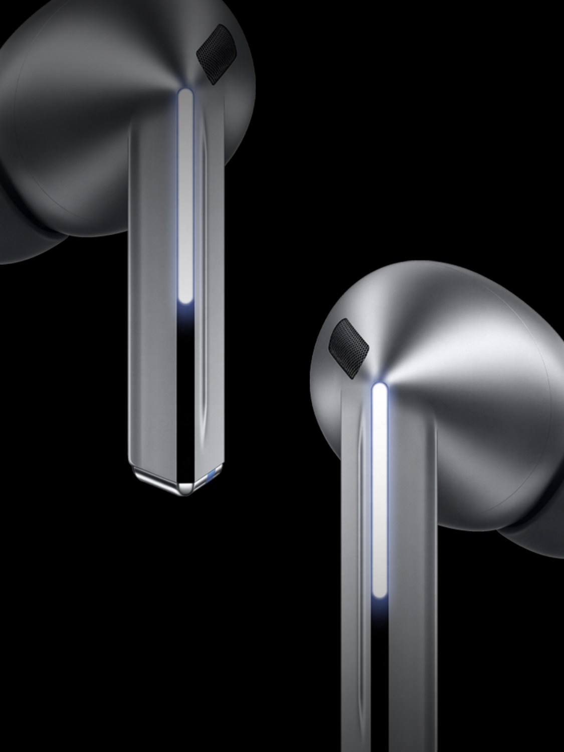 A pair of Galaxy Buds3 Pros are shown on a black background, flanked by a height difference between the top and bottom. The Galaxy Buds3 Pro has a straight line of light shining on the rod (blade) that runs down the cone head. The black straight line corresponding to the blade light runs from the beginning of the bar to the end, and only 60% of the straight line's length is illuminated.