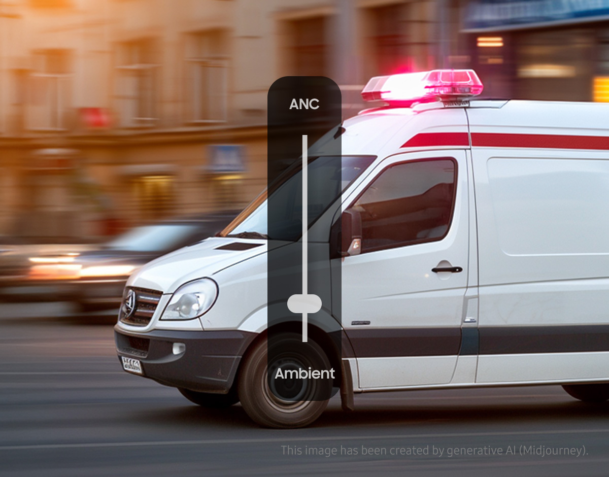 An image of an emergency vehicle speeding through a city center. Above it is a graphic of a switch to set the noise canceling and ambient sound modes. The switch is set to ambient sound mode. The background image has been created by generative AI (Midjourney).