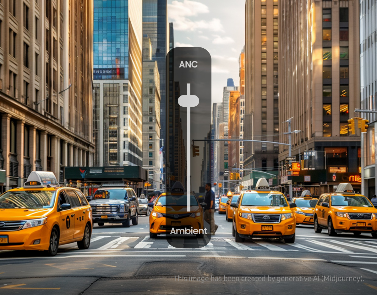 An image of a busy city with buildings on either side and cars on the center road. Above it is a graphic of a switch to set the noise canceling and ambient sound modes. The switch is set to Noise Cancellation. The background image has been created by generative AI (Midjourney).