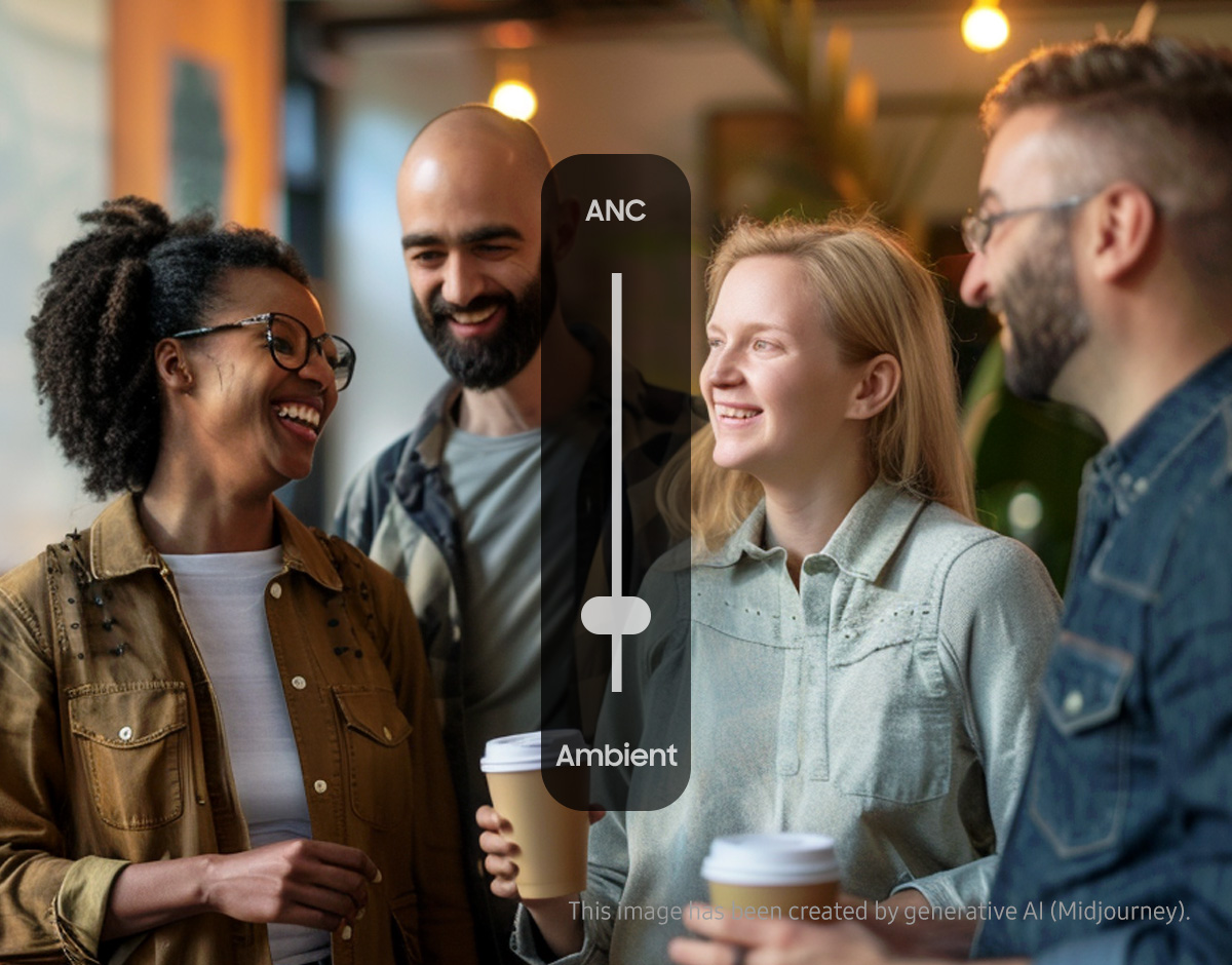 An image of a person having a conversation with coworkers. Above it is a graphic of a switch to set the noise canceling and ambient sound modes. The switch is set to ambient sound mode.The background image has been created by generative AI (Midjourney).