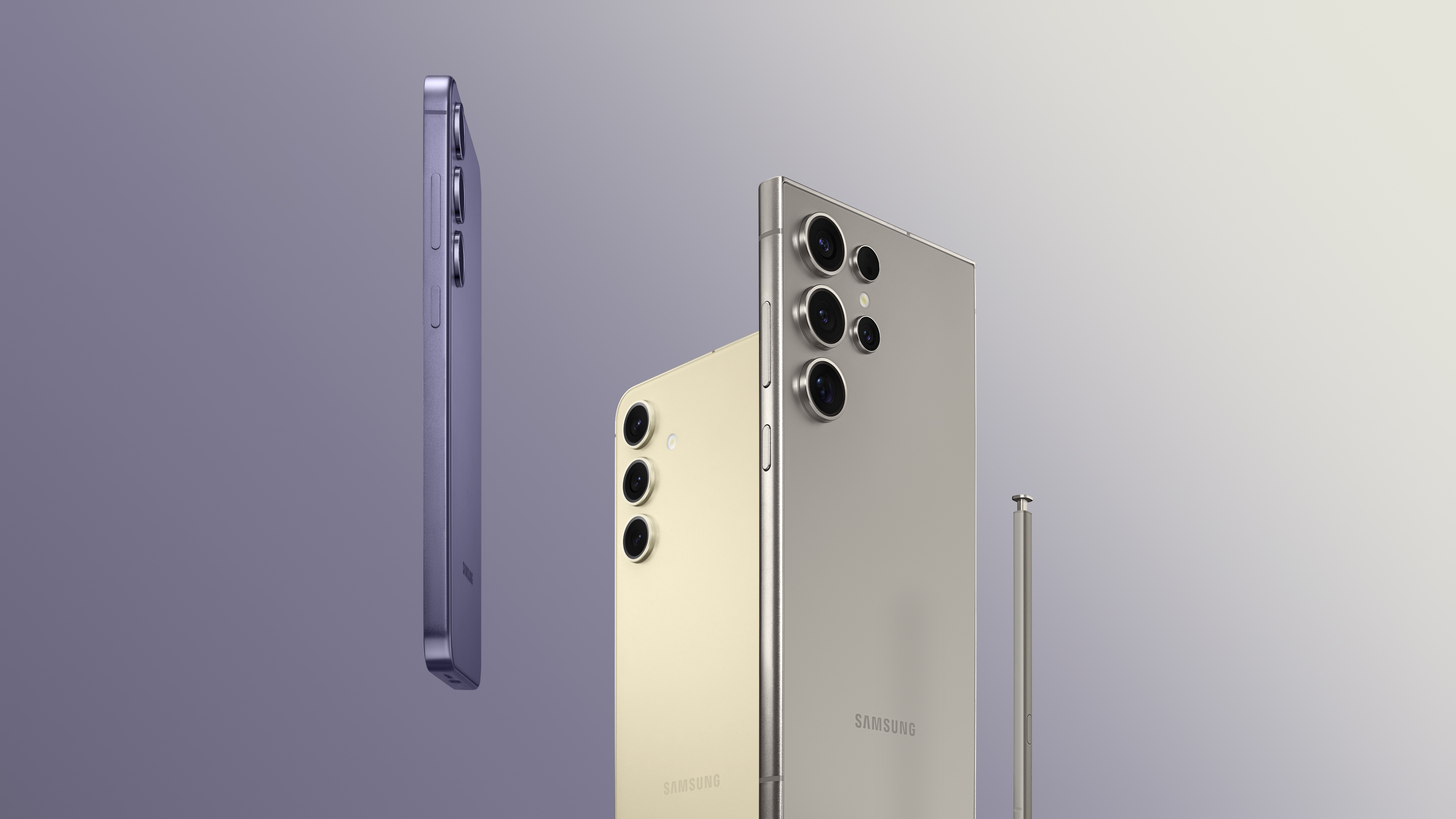 On the left, you can see the side of the Samsung Galaxy S24 cobalt violet, and behind it is the Galaxy S24 Marvel Gray. On the front, titanium gray is placed vertically with the S Pen.