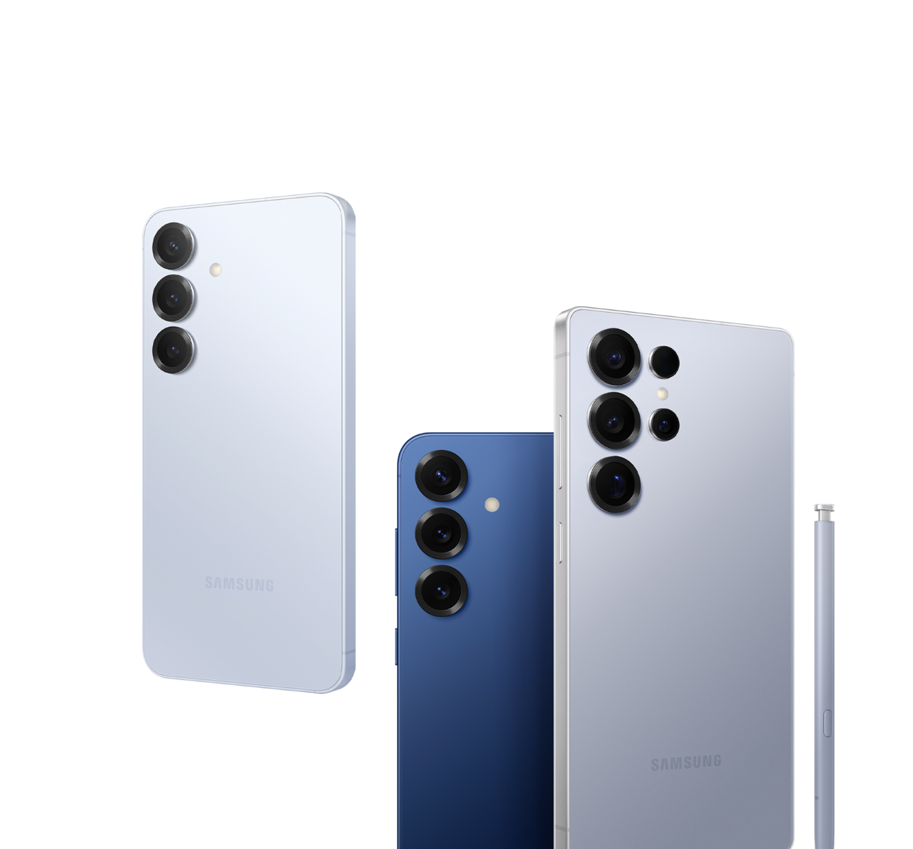 From right to left, the Galaxy Pen in titanium blue is flanked by the Galaxy S25 Ultra, and the navy and blue colors of the S25.