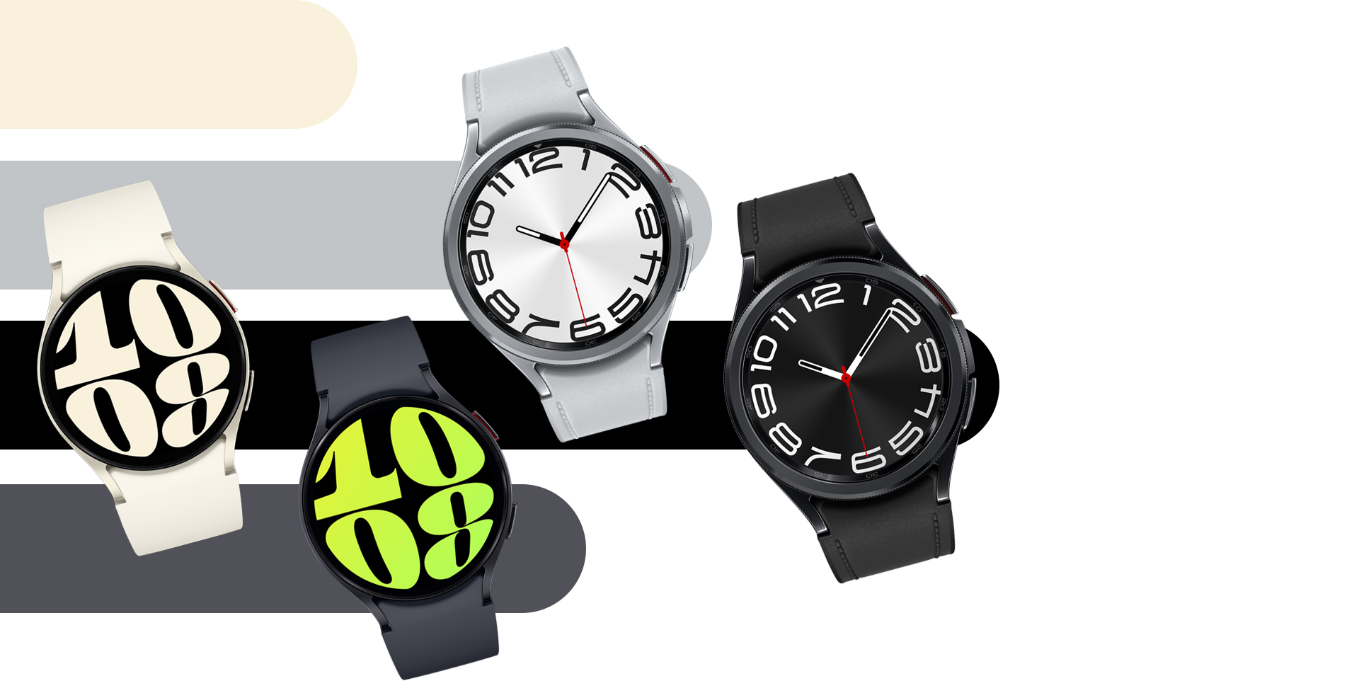 This is a Galaxy Watch6 series image with Watch6's cream, graphite band, and Watch6 Classic's silver and black band.
