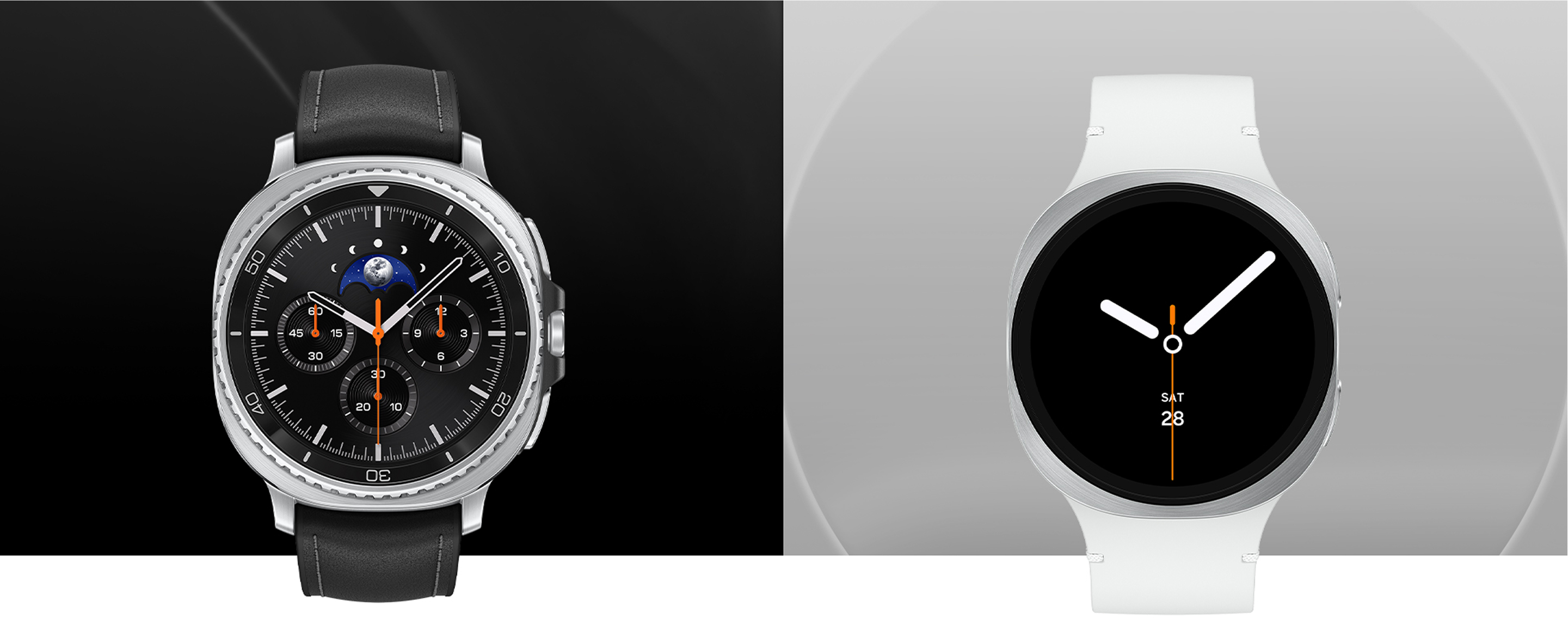 On a backdrop evoking the shadows of a black desert, the Galaxy Watch8 Classic with a black strap is displayed. To its right, the minimalist-bezel Galaxy Watch8 model appears against a simple gray background.