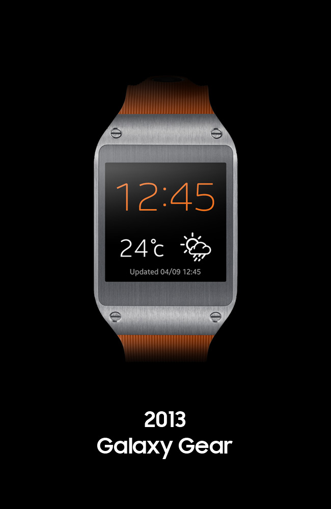 Front view of the Galaxy Gear. It has a square body with an orange strap and a rectangular display in the center. The time is displayed in orange and the temperature and weather in white underneath.