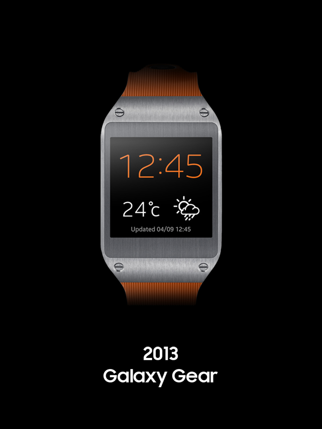 Front view of the Galaxy Gear. It has a square body with an orange strap and a rectangular display in the center. The time is displayed in orange and the temperature and weather in white underneath.