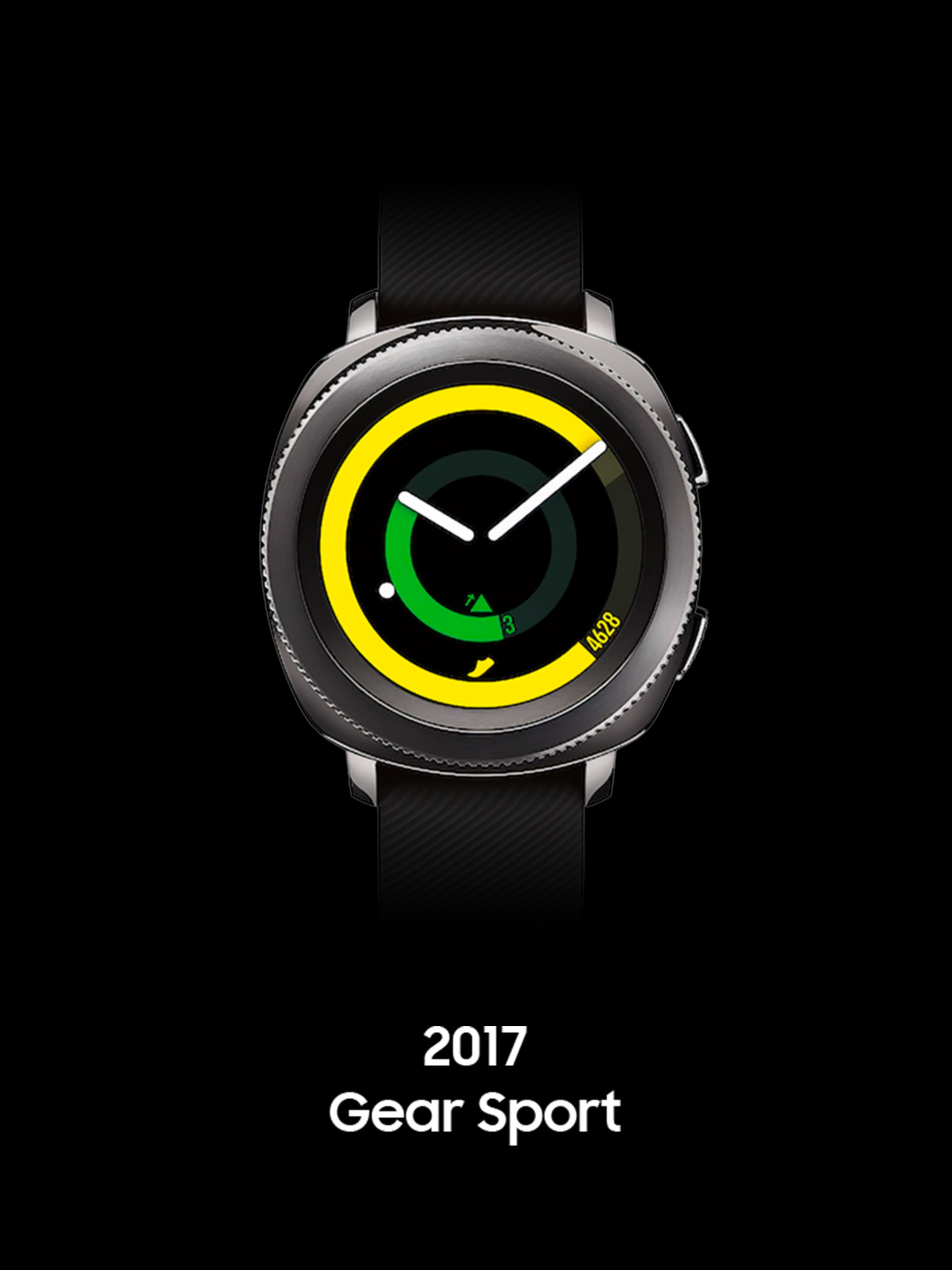 Front view of the Galaxy Gear Sport. The rounded circular bezel has small cog-like bumps around the edges. The center circular display has a graphic of a circular ring that displays heart rate and incline.