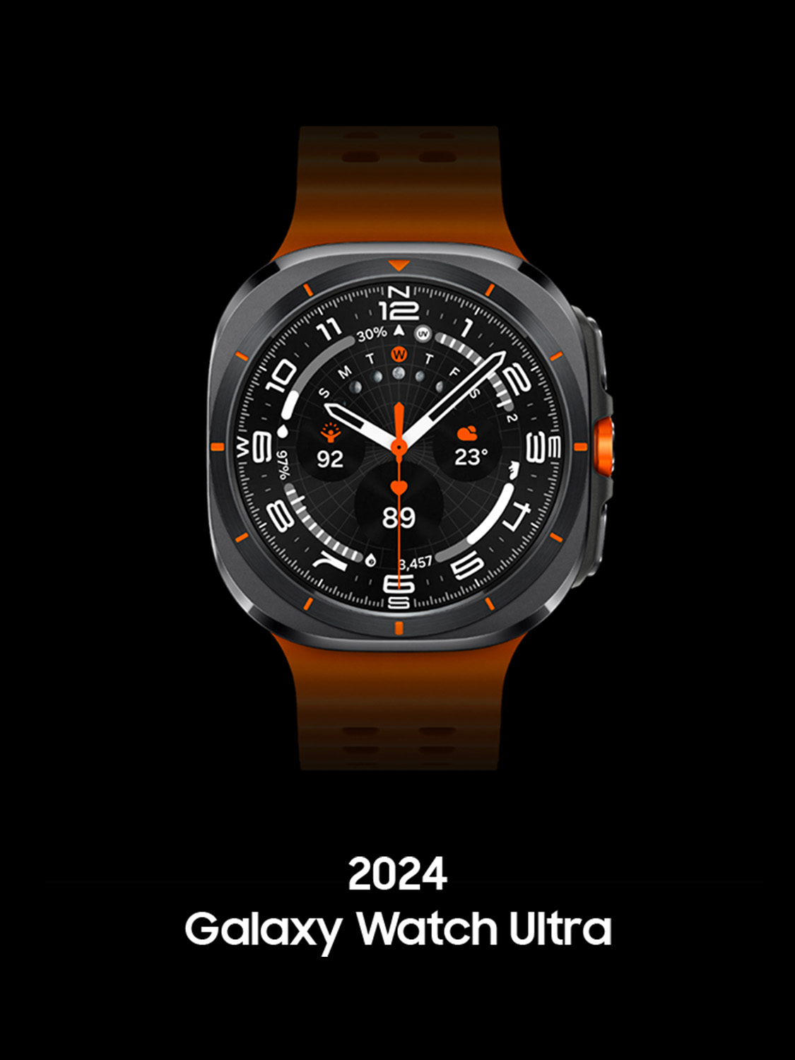 Front view of the Galaxy Watch Ultra with the orange strap (marine band).  The four corners are rounded and curved (a new sculptural design for the Ultra Watch called a cushion), and within the circular border are twelve graduations of orange dots aligned with the hour positions. The hands on the inner watch face point to the eight o'clock position, and the second hand with orange dots is at six o'clock.