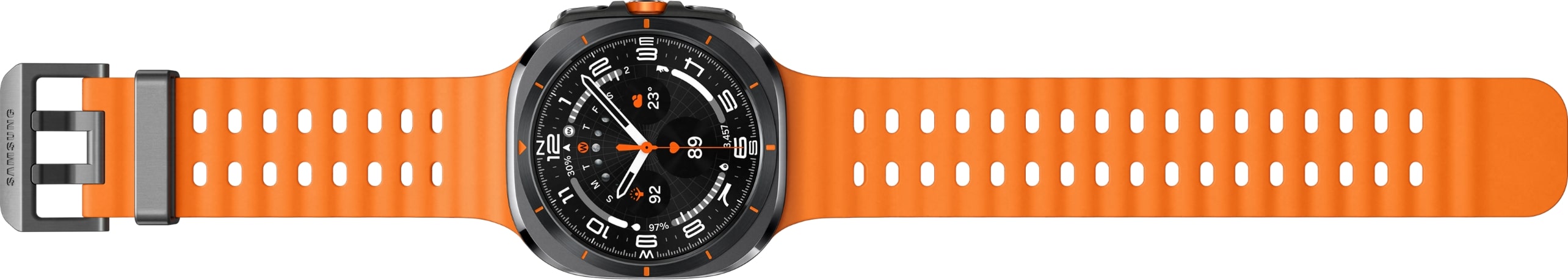 A row of Galaxy Watch Ultra with bands (straps) connected and stretched out on either side. In order, they are the orange Marine Band, the white PeakForm Band, and the Dark gray Trail Band. Unlike the other bands, which have two separate buckles, the Trail Band is connected by a single buckle called the Easy Buckle, which connects the bands together on the right side, rather than on either side.