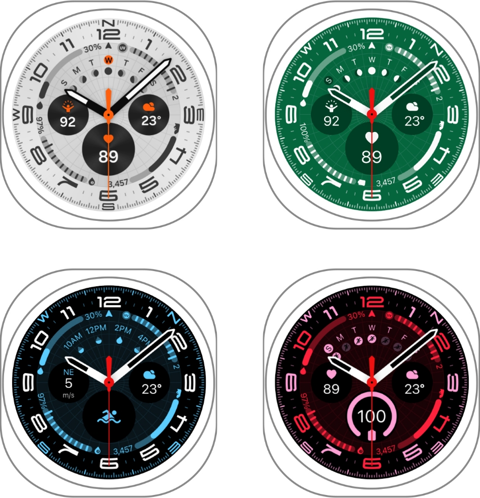 An image of eight watch faces, four of each, with the Ultra Analog watch face on the left and the Simple Ultra watch face on the right. The Ultra Analog watch faces have a gray, green, black, and dark brown background color. The scale and numerals are each point color being dark gray, white, light blue, red accents. Simple Ultra has a dark gray, blue, orange, and black background with white accents, and the black background is accented with fluorescent lime green.