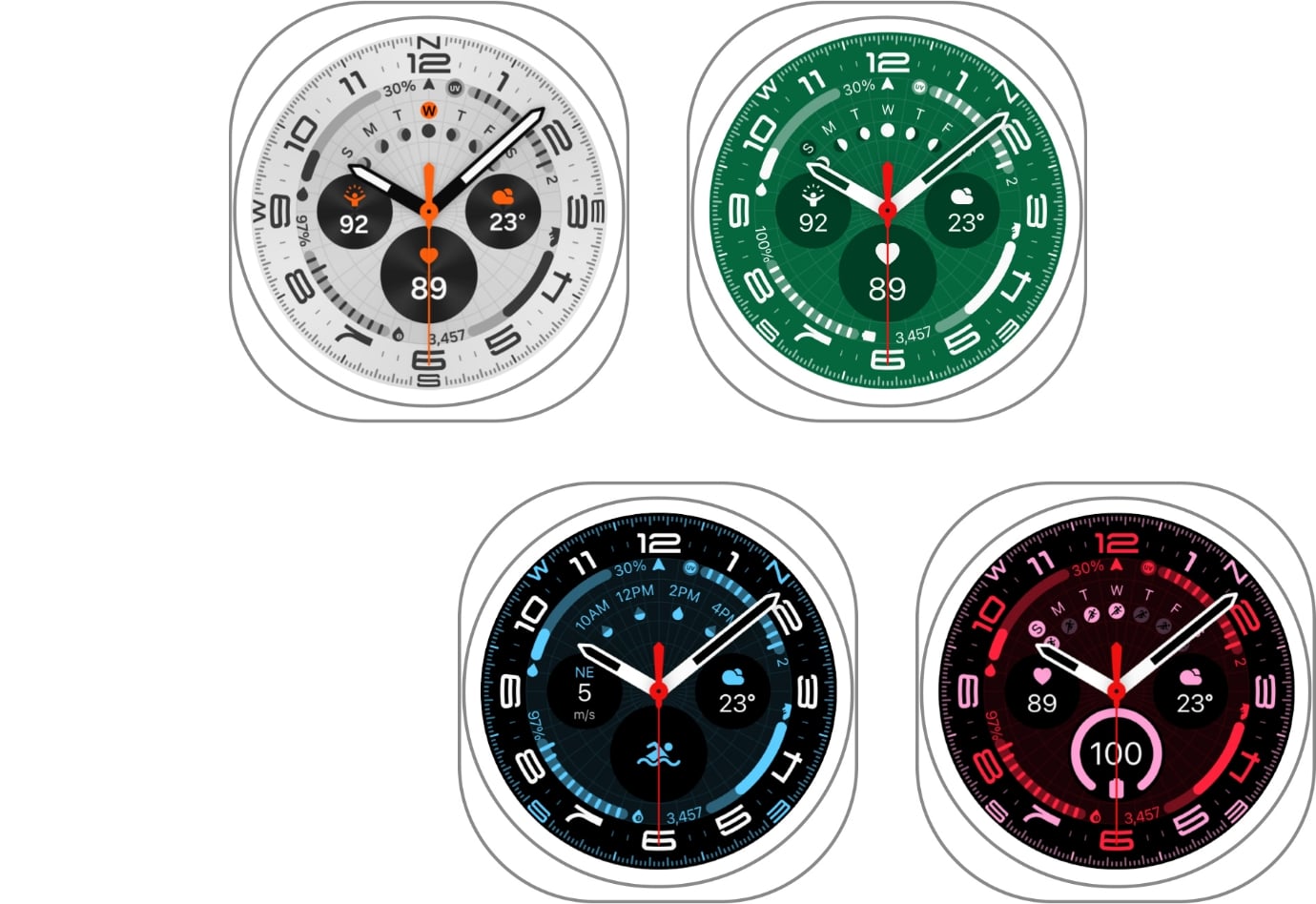 An image of eight watch faces, four of each, with the Ultra Analog watch face on the left and the Simple Ultra watch face on the right. The Ultra Analog watch faces have a gray, green, black, and dark brown background color. The scale and numerals are each point color being dark gray, white, light blue, red accents. Simple Ultra has a dark gray, blue, orange, and black background with white accents, and the black background is accented with fluorescent lime green.