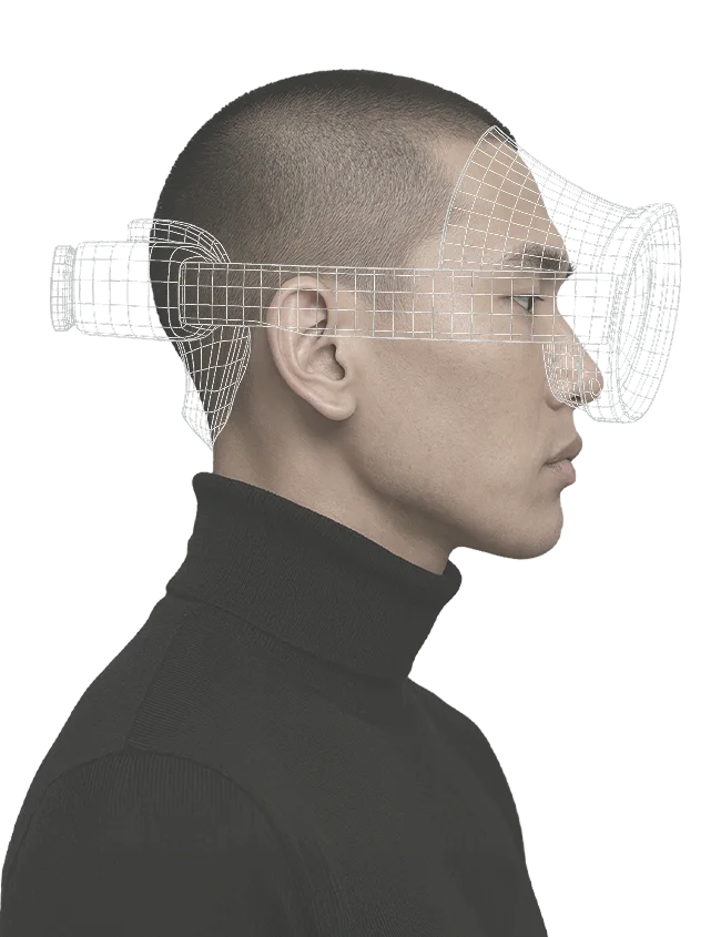 Samsung galaxy XR device transforming back into a mesh structure, showing the product shifting from a physical form to a digital wireframe.