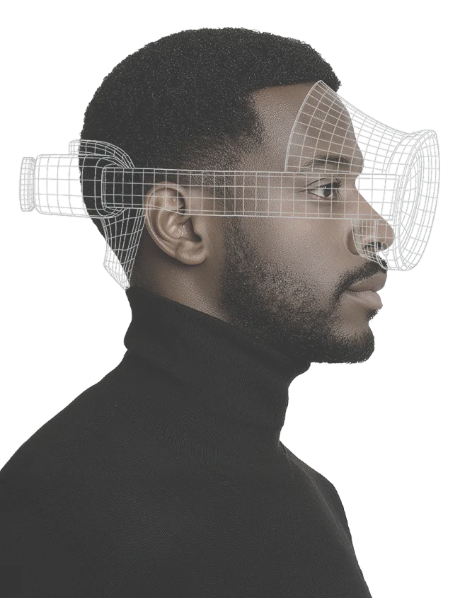 Samsung galaxy XR visual showing a digital figure transforming into a short-haired male with dark skin.