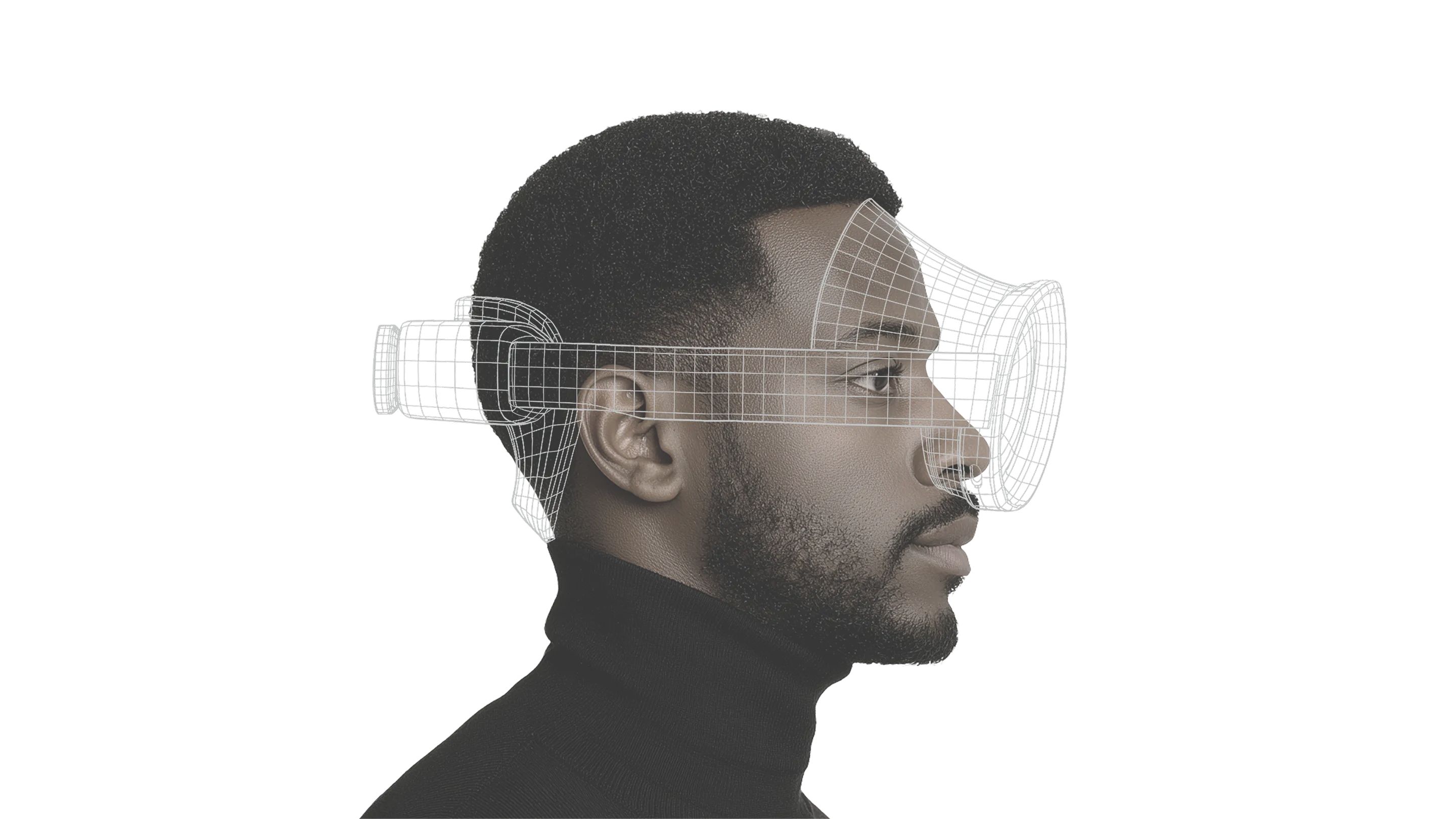 Samsung galaxy XR visual showing a digital figure transforming into a short-haired male with dark skin.