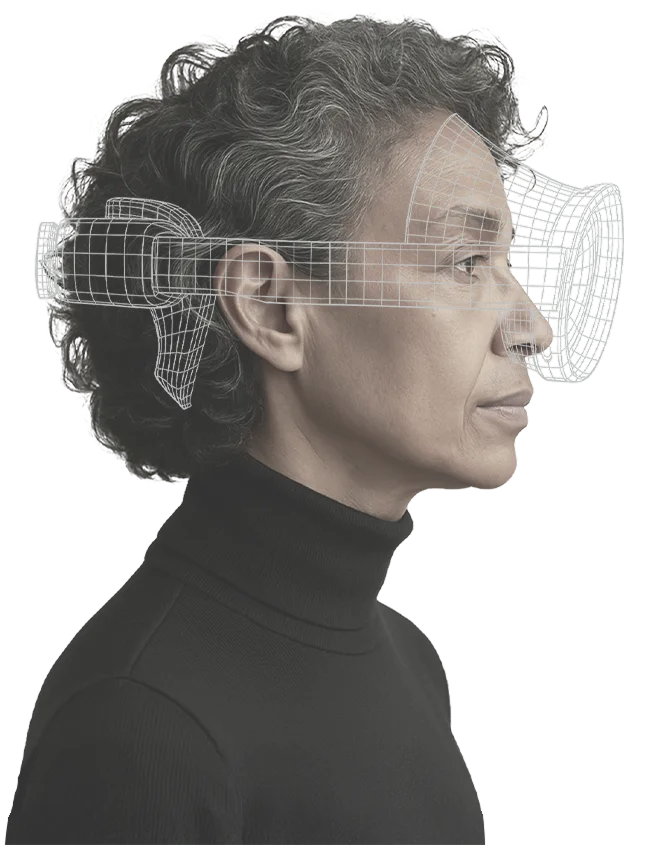 Samsung galaxy XR visual showing a digital figure transforming into an older male with wavy hair mixed with gray.