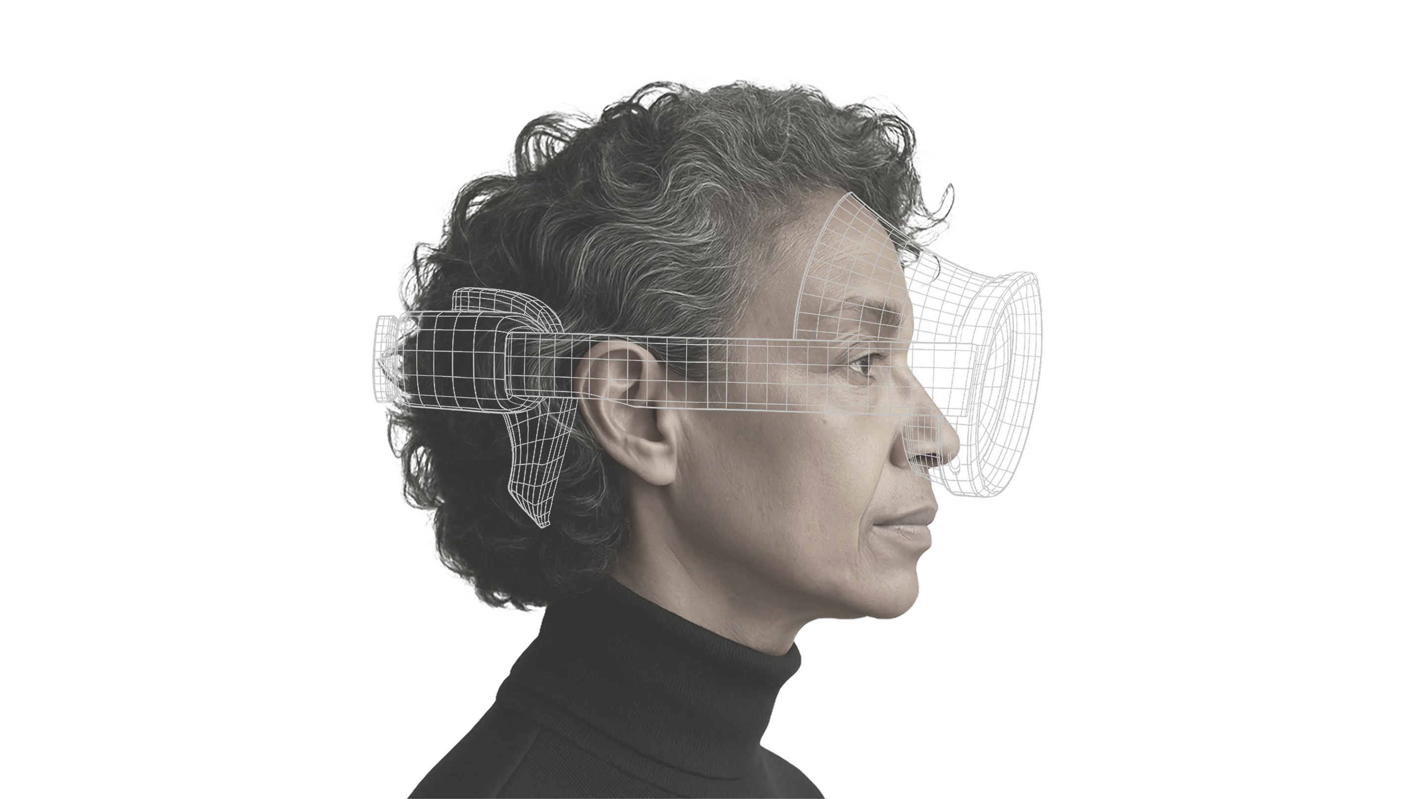 Samsung galaxy XR visual showing a digital figure transforming into an older male with wavy hair mixed with gray.