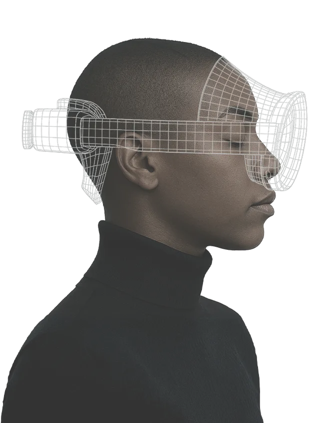 Samsung galaxy XR visual showing a digital figure transforming into a short-haired female with dark skin.