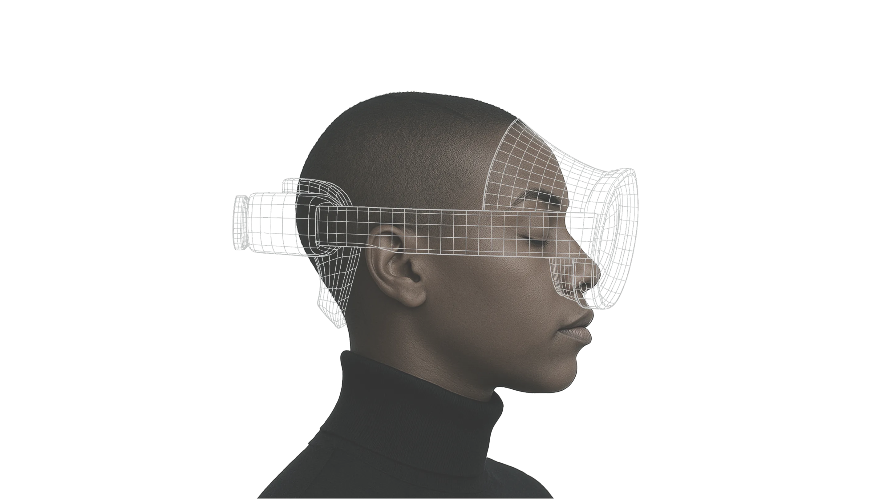 Samsung galaxy XR visual showing a digital figure transforming into a short-haired female with dark skin.
