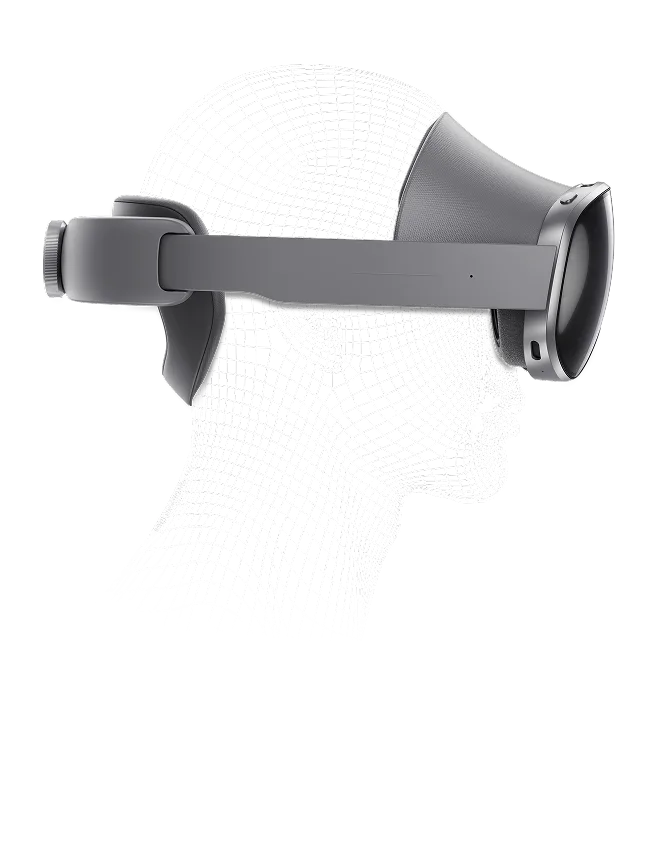 Rendered image showing a Samsung galaxy XR headset placed over a mesh line representation of a human head.